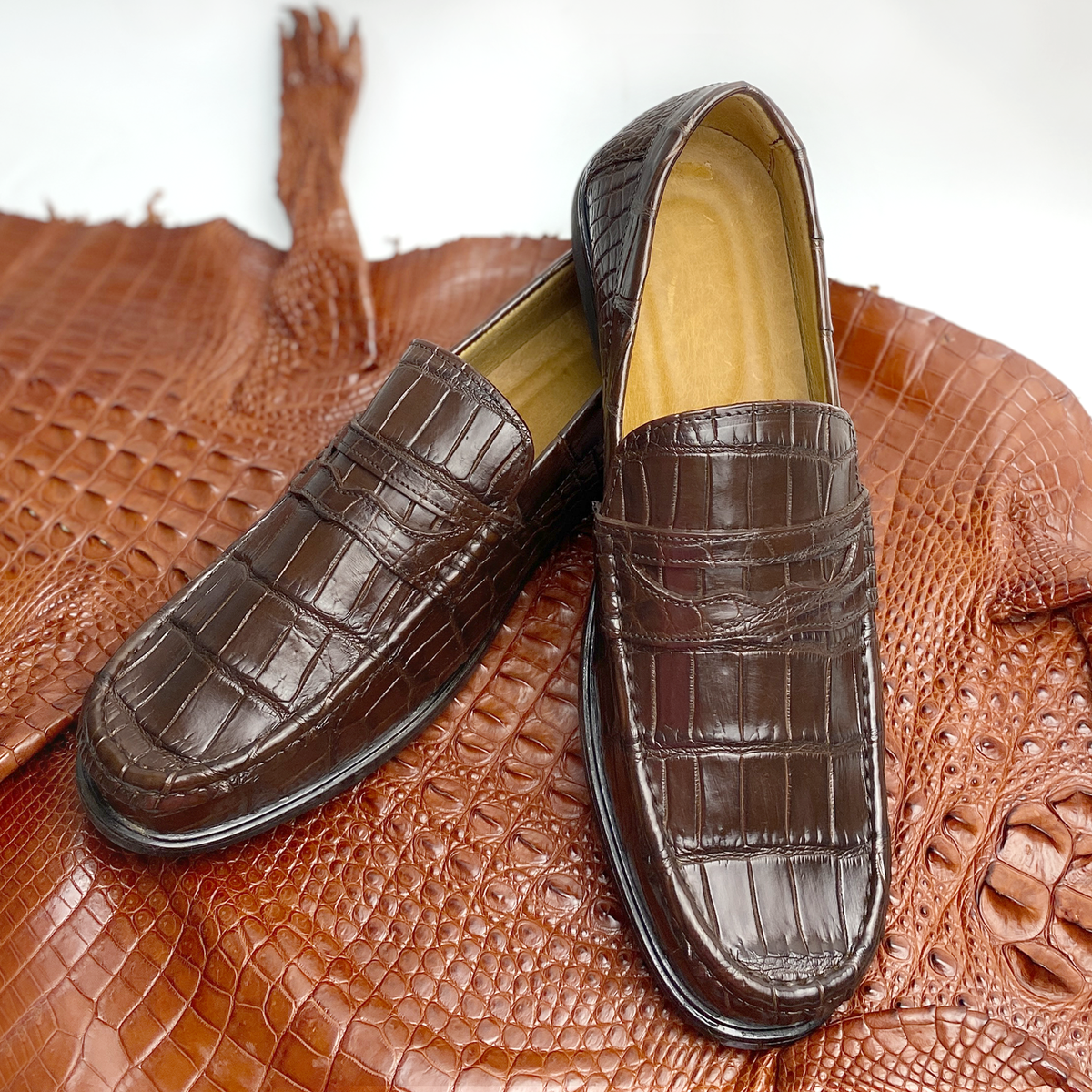 Men Dark Brown Alligator Leather Loafers Slip-On | Crocodile Hornback Skin Exotic Dress Shoes | SH123O, Dark Brown / 6.5