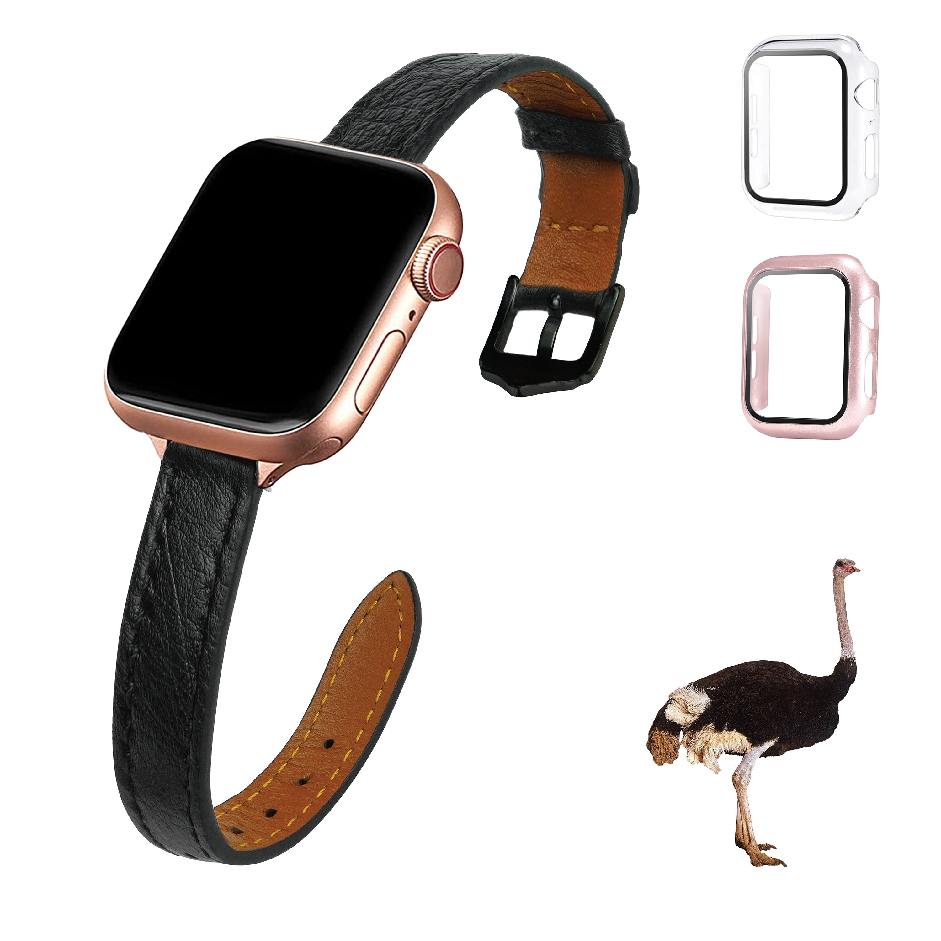 Black Flat Ostrich Leather Band Compatible Apple Watch Iwatch 45mm Screen Protector Case Elegant Vintage Replacement Strap For Smartwatch Series 7 8 Leather Handmade AW-181B-W-45MM