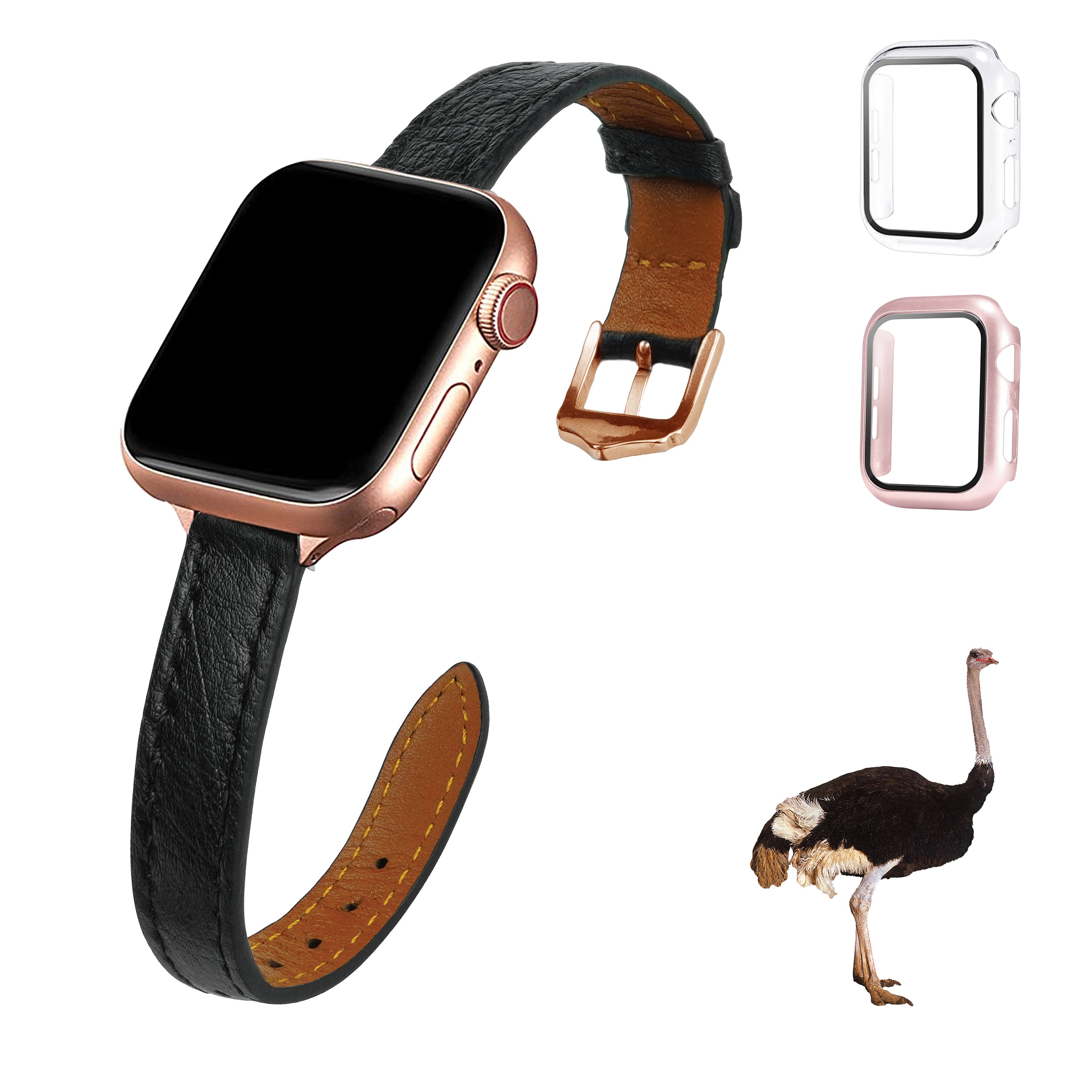 Black Flat Ostrich Leather Band Compatible Apple Watch Iwatch 44mm Screen Protector Case Gold Adapter Replacement Strap For Smartwatch Series 4 5 6 SE Leather Handmade AW-181G-W-44MM