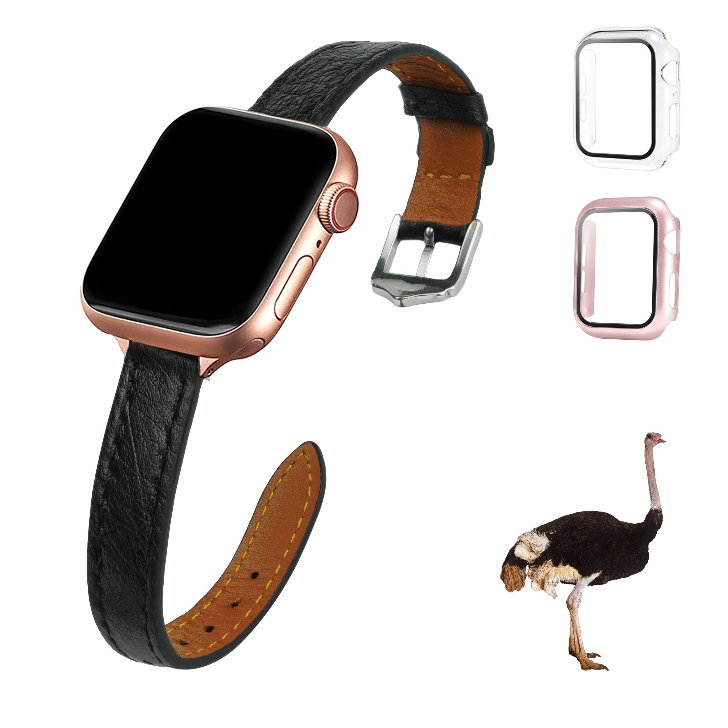 Black Flat Ostrich Leather Band Compatible Apple Watch Iwatch 49mm Screen Protector Case Silver Adapter Replacement Strap For Smartwatch Series 7 8 Leather Handmade AW-181S-W-49MM