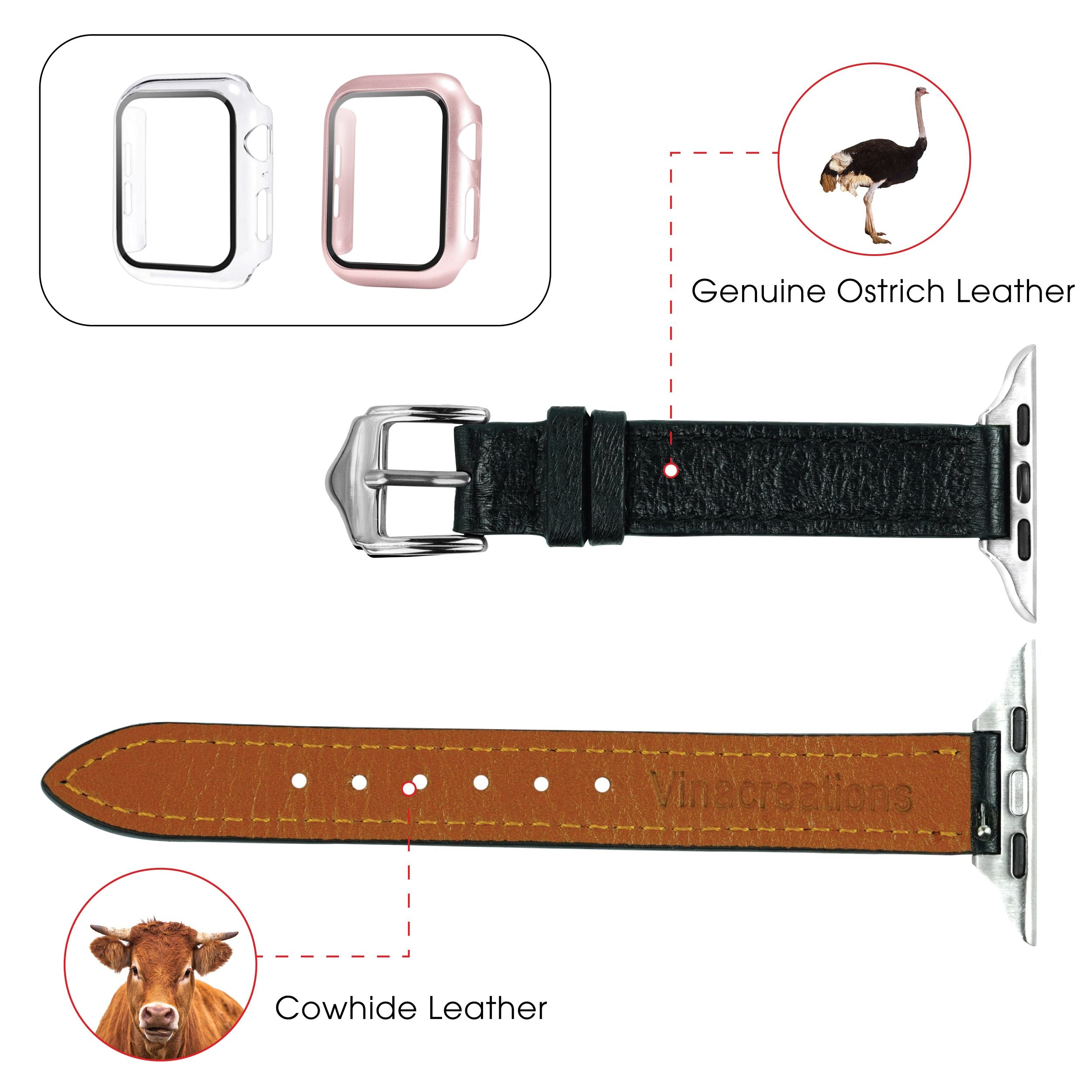 Black Flat Ostrich Leather Band Compatible Apple Watch Iwatch 49mm Screen Protector Case Silver Adapter Replacement Strap For Smartwatch Series 7 8 Leather Handmade AW-181S-W-49MM