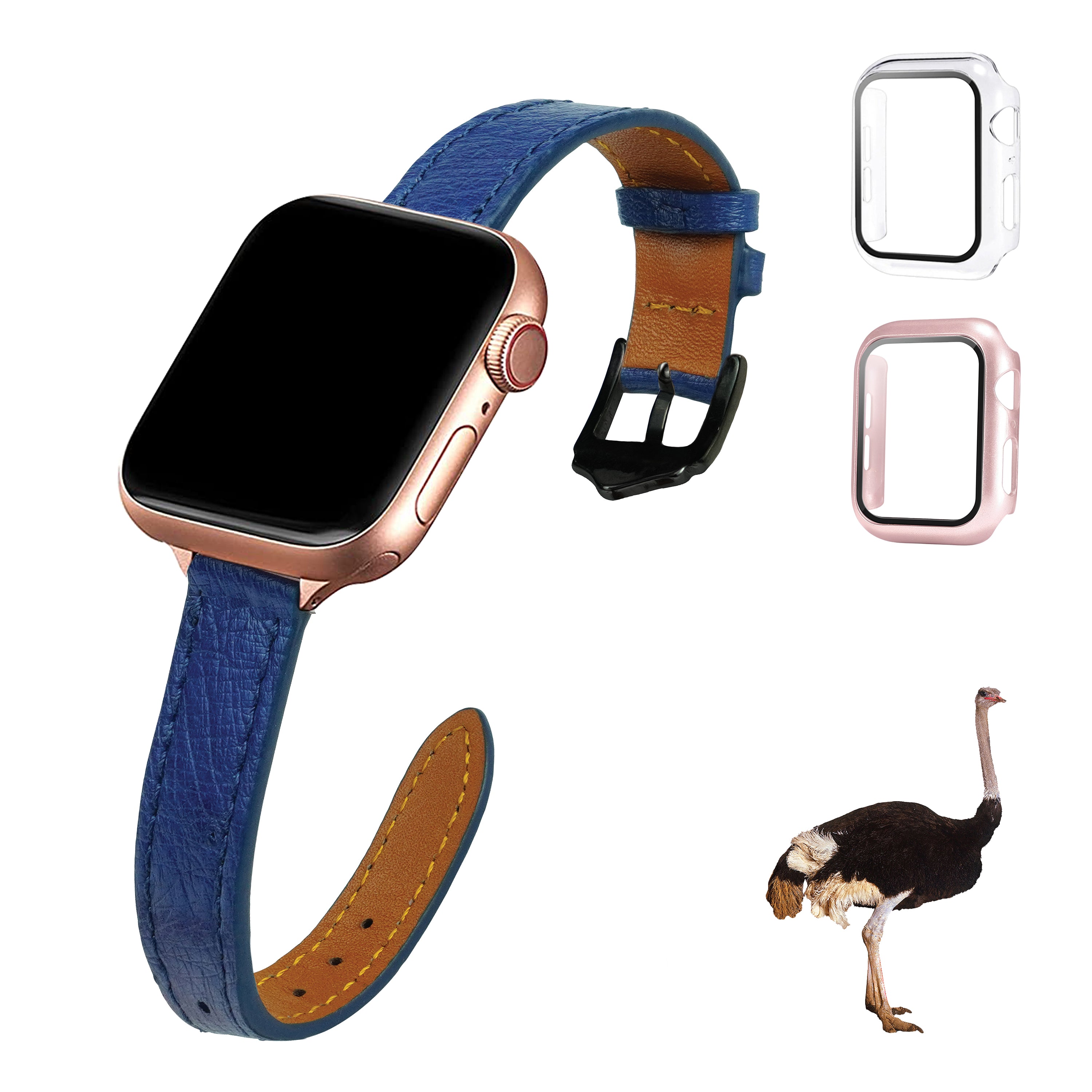 Blue Flat Ostrich Leather Band Compatible Apple Watch Iwatch 49mm Screen Protector Case Black Adapter Replacement Strap For Smartwatch Series 7 8 Leather Handmade AW-184B-W-49MM