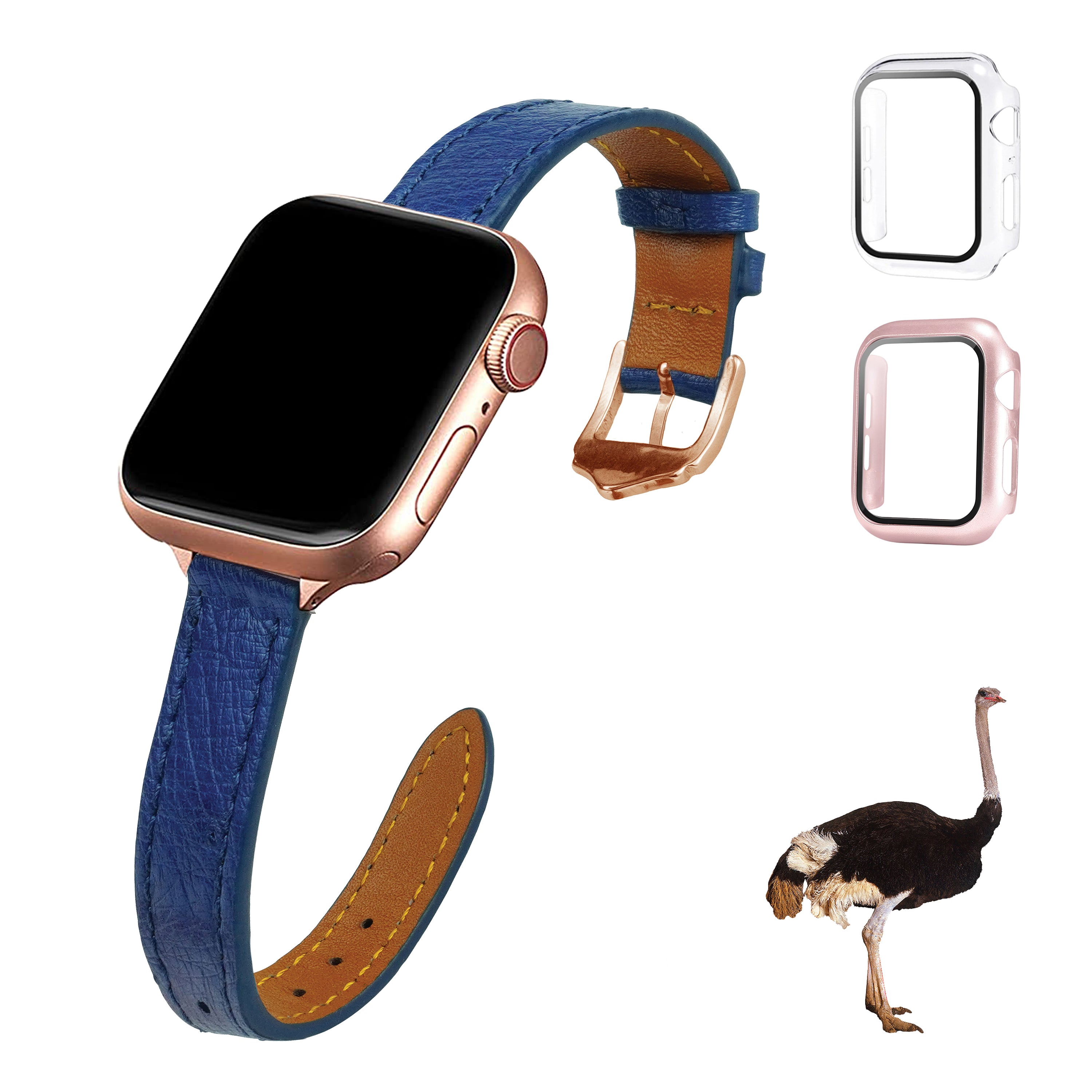 Blue Flat Ostrich Leather Band Compatible Apple Watch Iwatch 41mm Screen Protector Case Black Adapter Replacement Strap For Smartwatch Series 7 8 Leather Handmade AW-184G-W-41MM