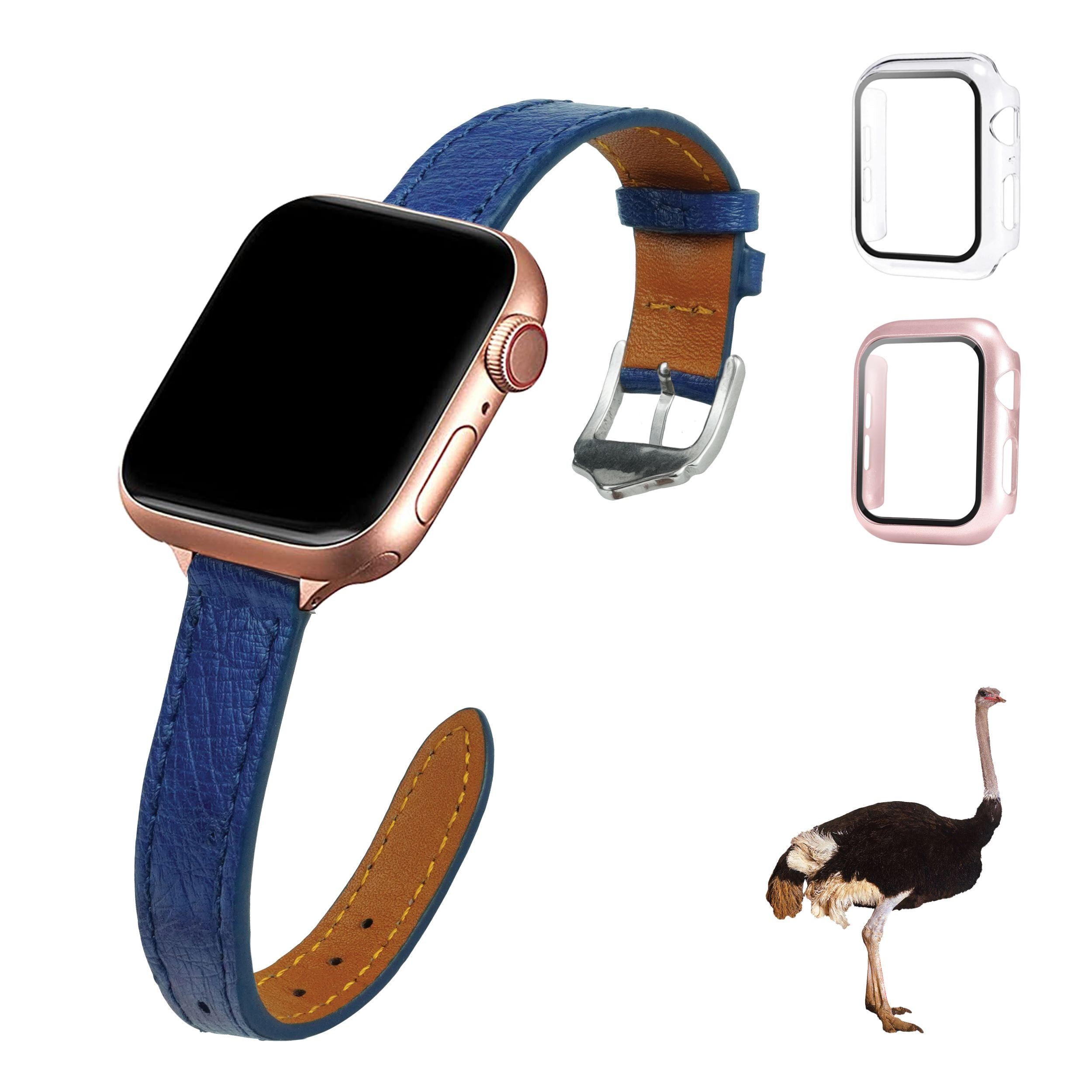 Blue Flat Ostrich Leather Band Compatible Apple Watch Iwatch 49mm Screen Protector Case Black Adapter Replacement Strap For Smartwatch Series 7 8 Leather Handmade AW-184S-W-49MM