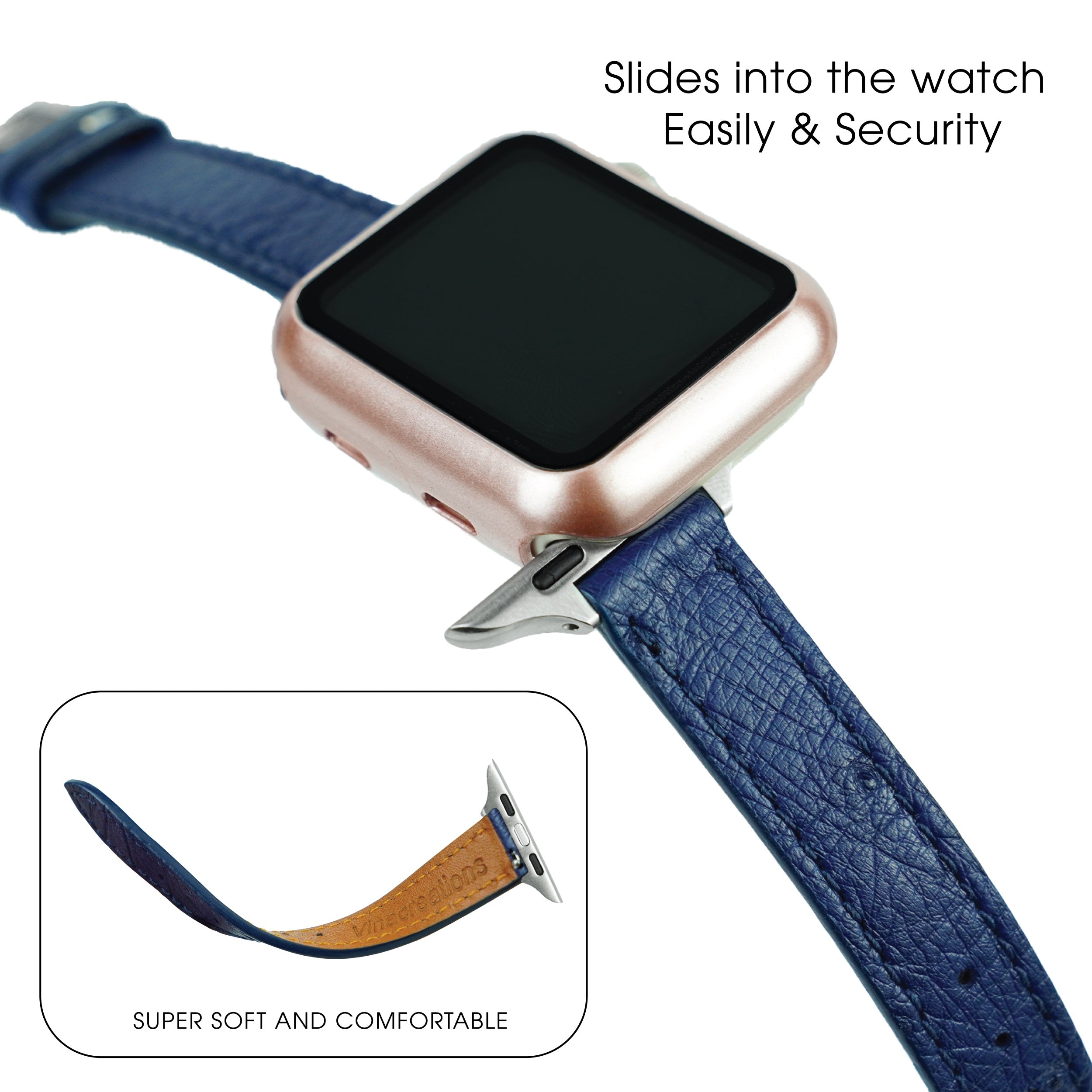 Copy of Blue Flat Ostrich Leather Band Compatible Apple Watch Iwatch 41mm Screen Protector Case Black Adapter Replacement Strap For Smartwatch Series 7 8 Leather Handmade AW-184S-W-41MM