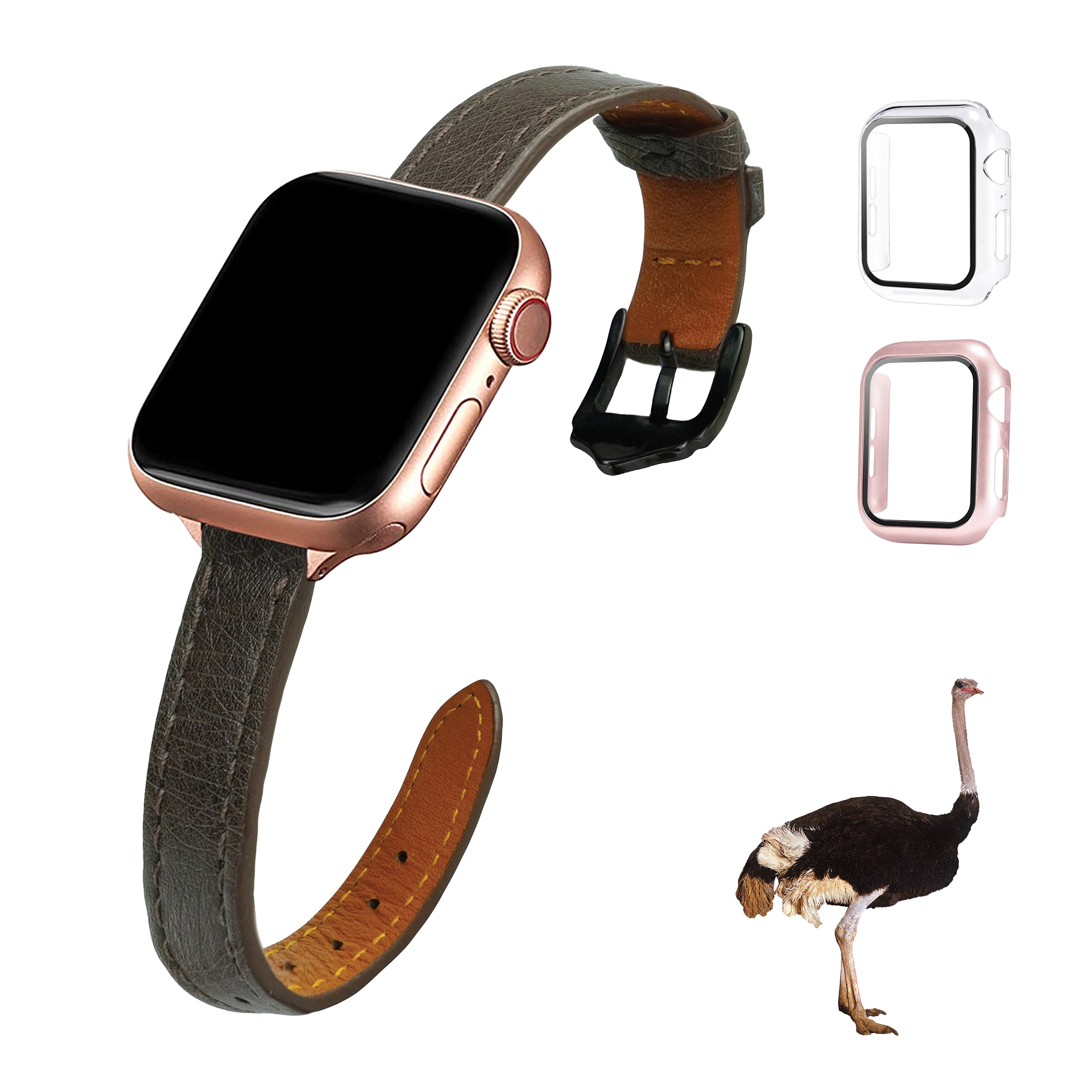 Dark Brown Flat Ostrich Leather Band Compatible Apple Watch Iwatch 45mm Screen Protector Case Black Adapter Replacement Strap For Smartwatch Series 7 8 Leather Handmade AW-183B-W-45MM