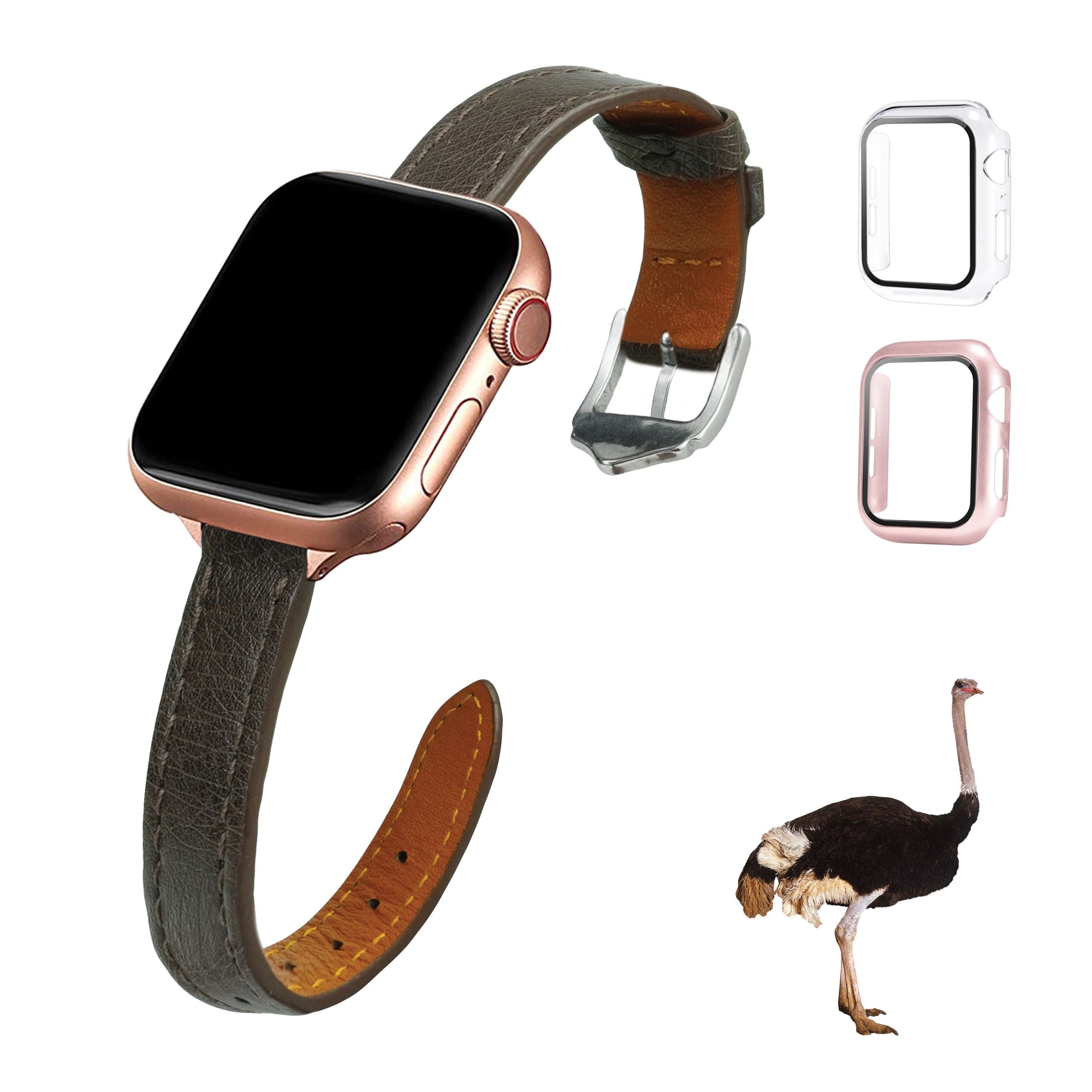 Dark Brown Flat Ostrich Leather Band Compatible Apple Watch Iwatch 49mm Screen Protector Case Silver Adapter Replacement Strap For Smartwatch Series 7 8  Leather Handmade AW-183S-W-49MM