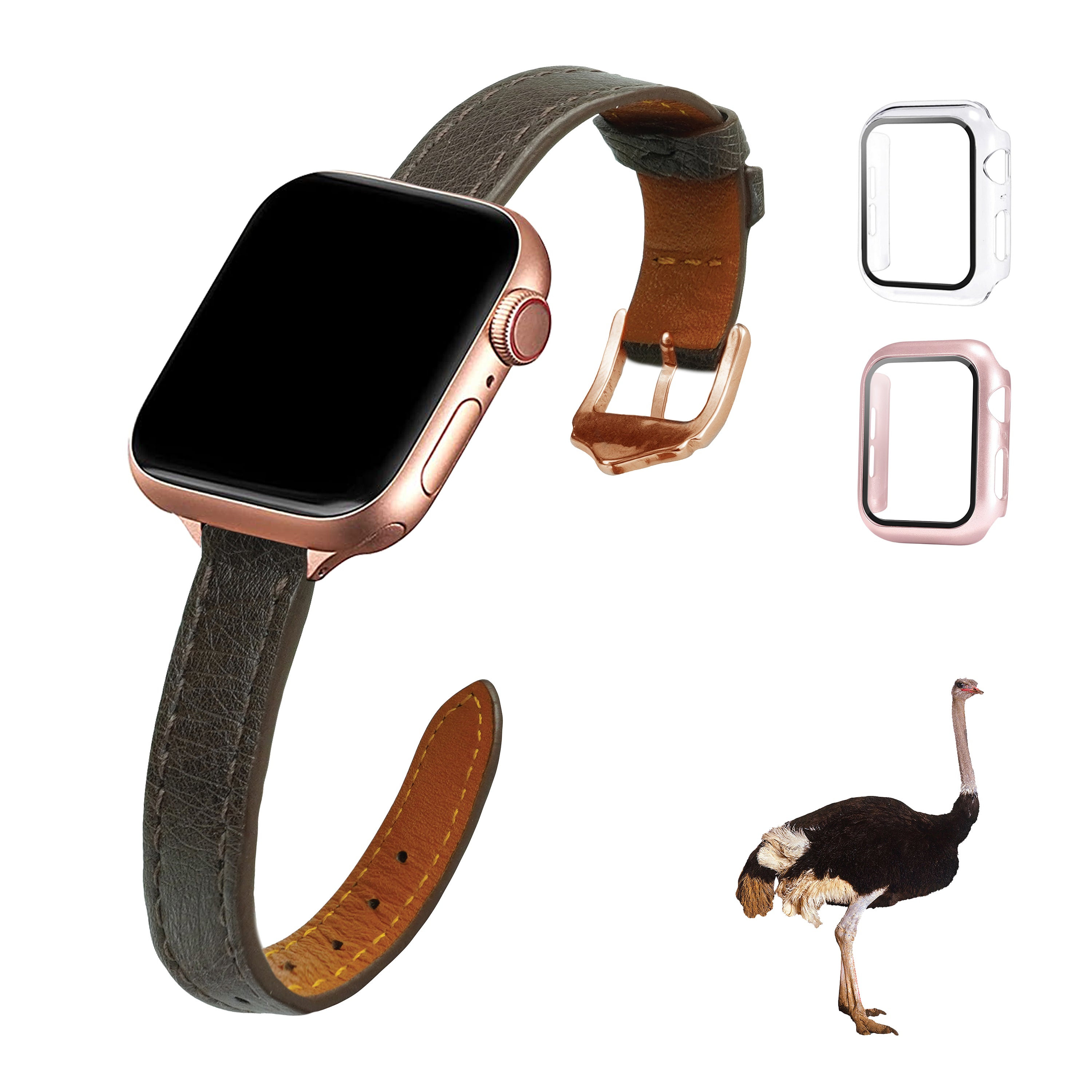 Dark Brown Flat Ostrich Leather Band Compatible Apple Watch Iwatch 44mm Screen Protector Case Gold Adapter Replacement Strap For Smartwatch Series 4 5 6 SE Leather Handmade AW-183G-W-44MM
