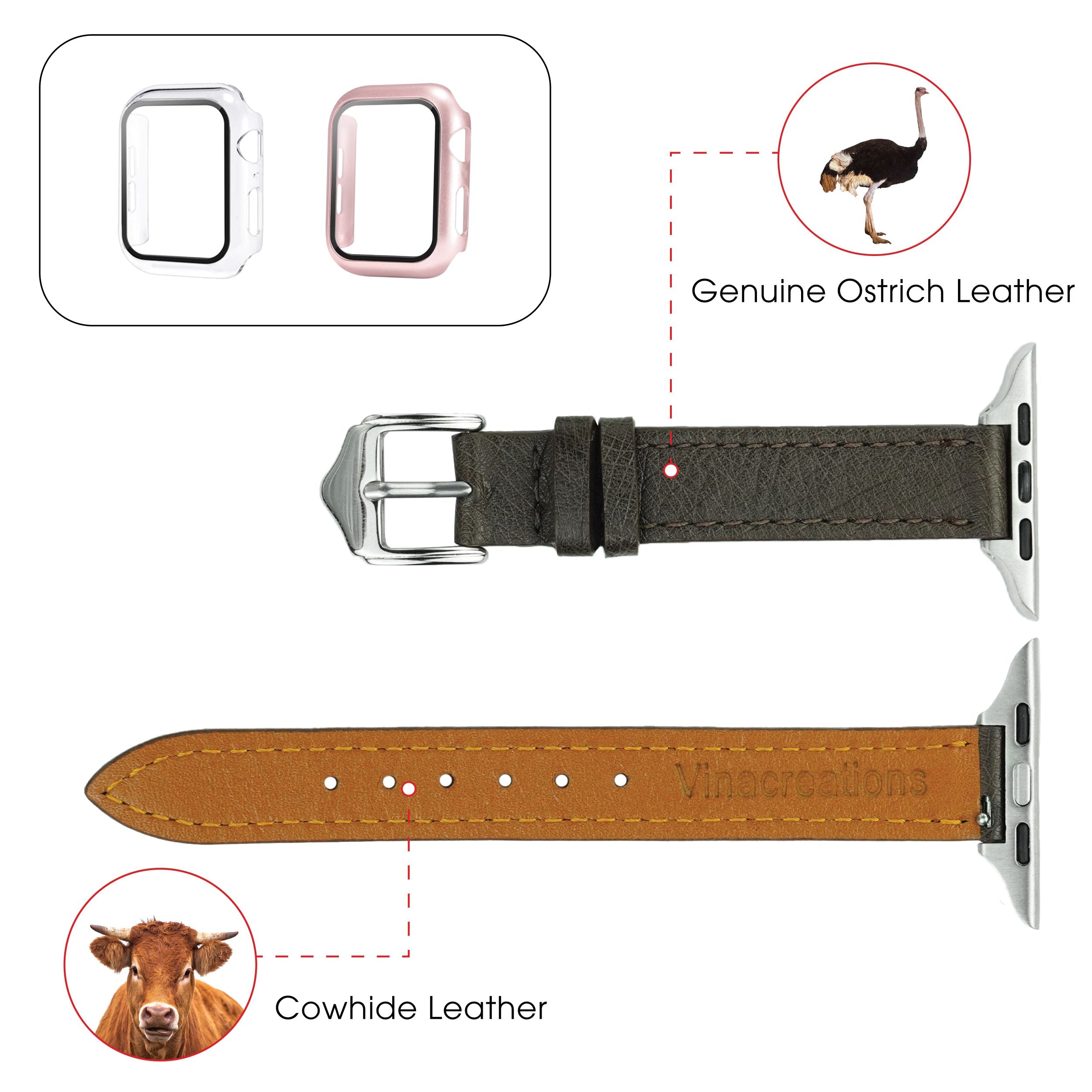 Dark Brown Flat Ostrich Leather Band Compatible Apple Watch Iwatch 49mm Screen Protector Case Silver Adapter Replacement Strap For Smartwatch Series 7 8  Leather Handmade AW-183S-W-49MM
