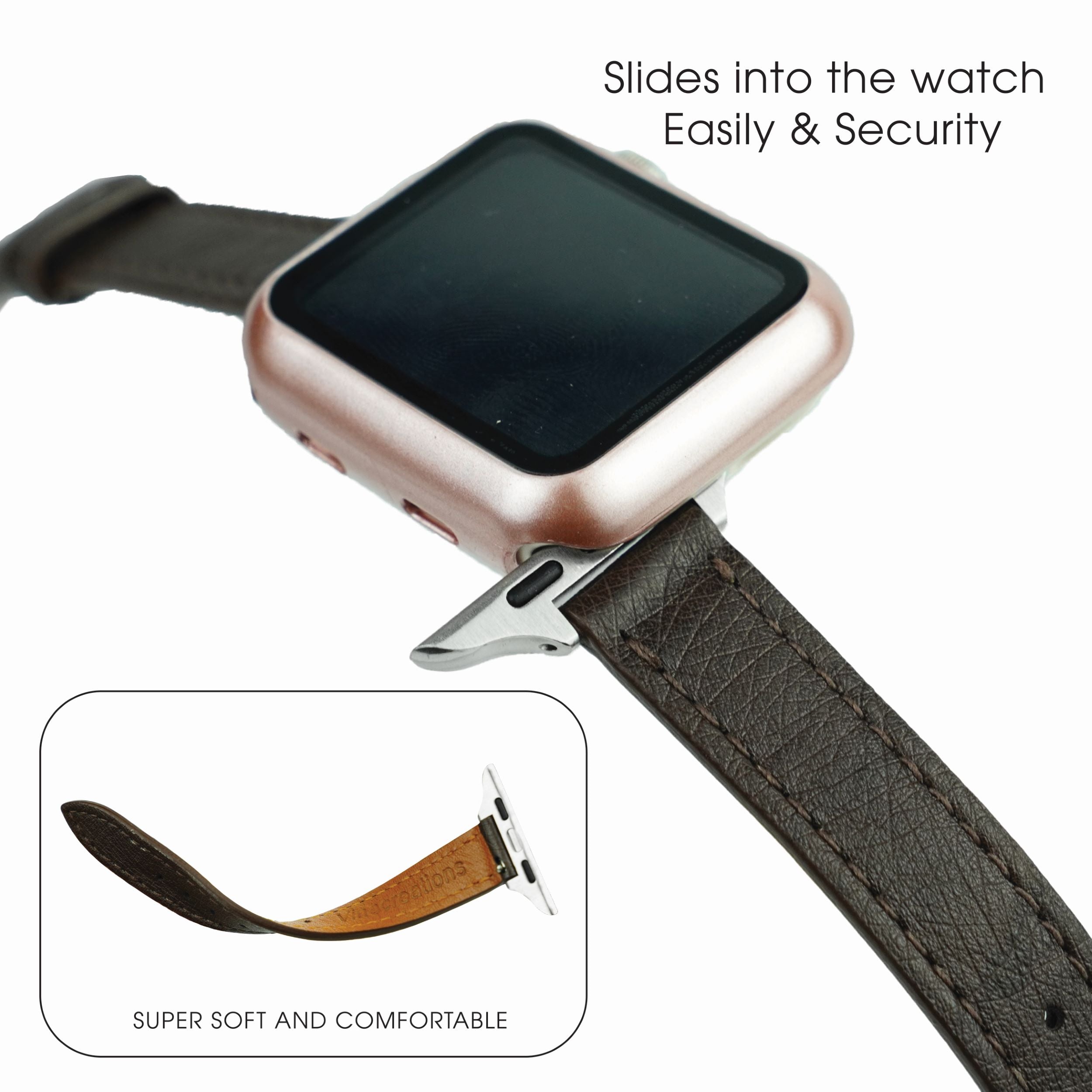 Dark Brown Flat Ostrich Leather Band Compatible Apple Watch Iwatch 45mm Screen Protector Case Silver Adapter Replacement Strap For Smartwatch Series 7 8  Leather Handmade AW-183S-W-45MM