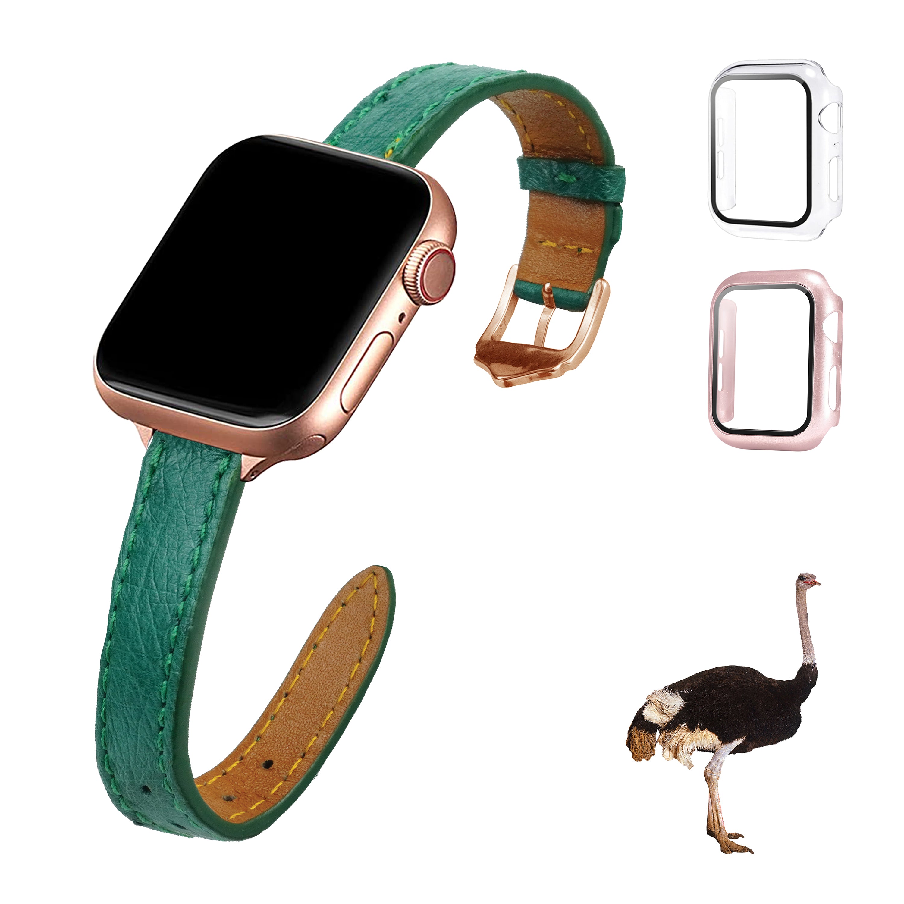 Green Flat Ostrich Leather Band Compatible Apple Watch Iwatch 38mm Screen Protector Case Gold Adapter Replacement Strap For Smartwatch Series 1 2 3 Leather Handmade AW-188G-W-38MM