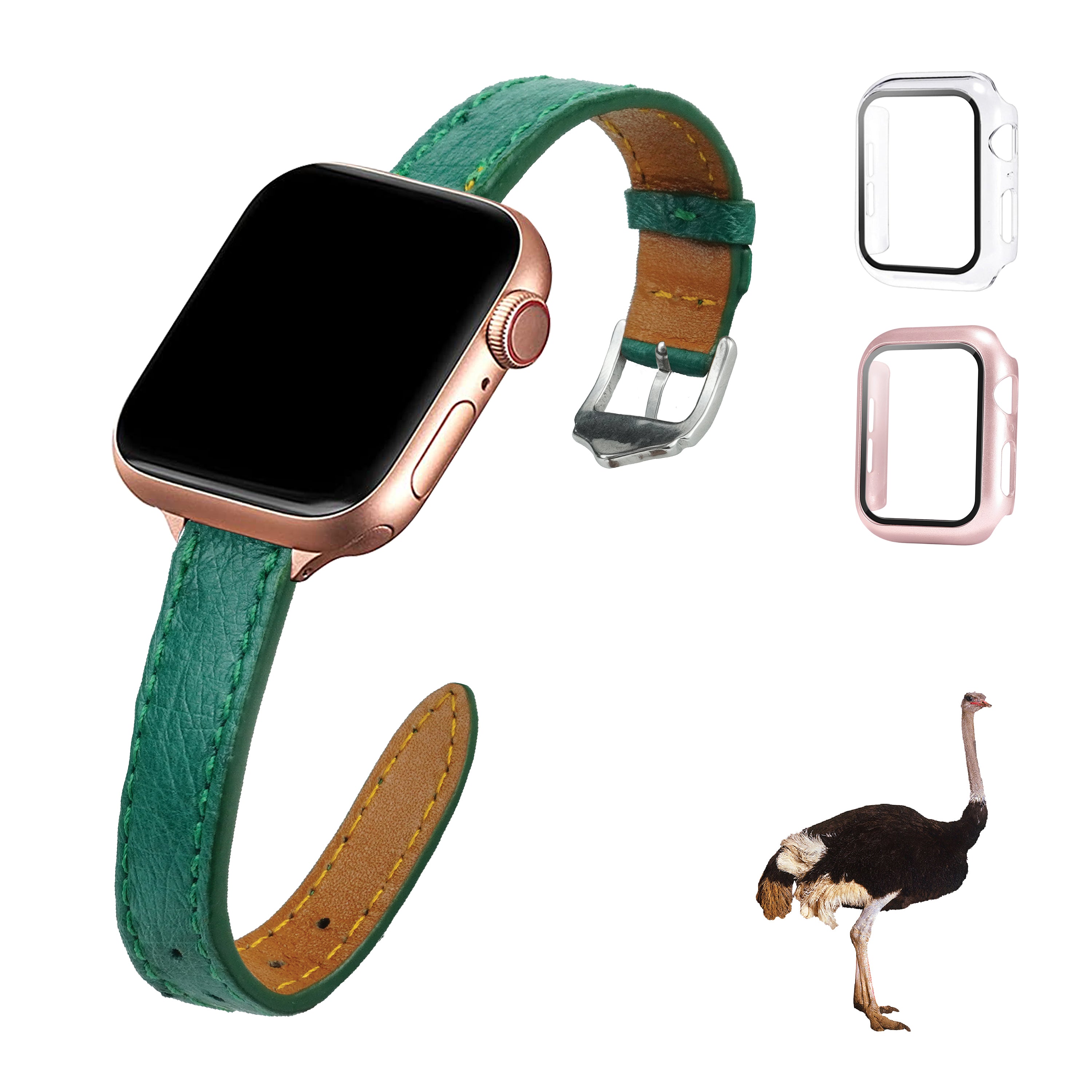 Green Flat Ostrich Leather Band Compatible Apple Watch Iwatch 40mm Screen Protector Case Silver Adapter Replacement Strap For Smartwatch Series 4 5 6 SE Leather Handmade AW-188S-W-40MM