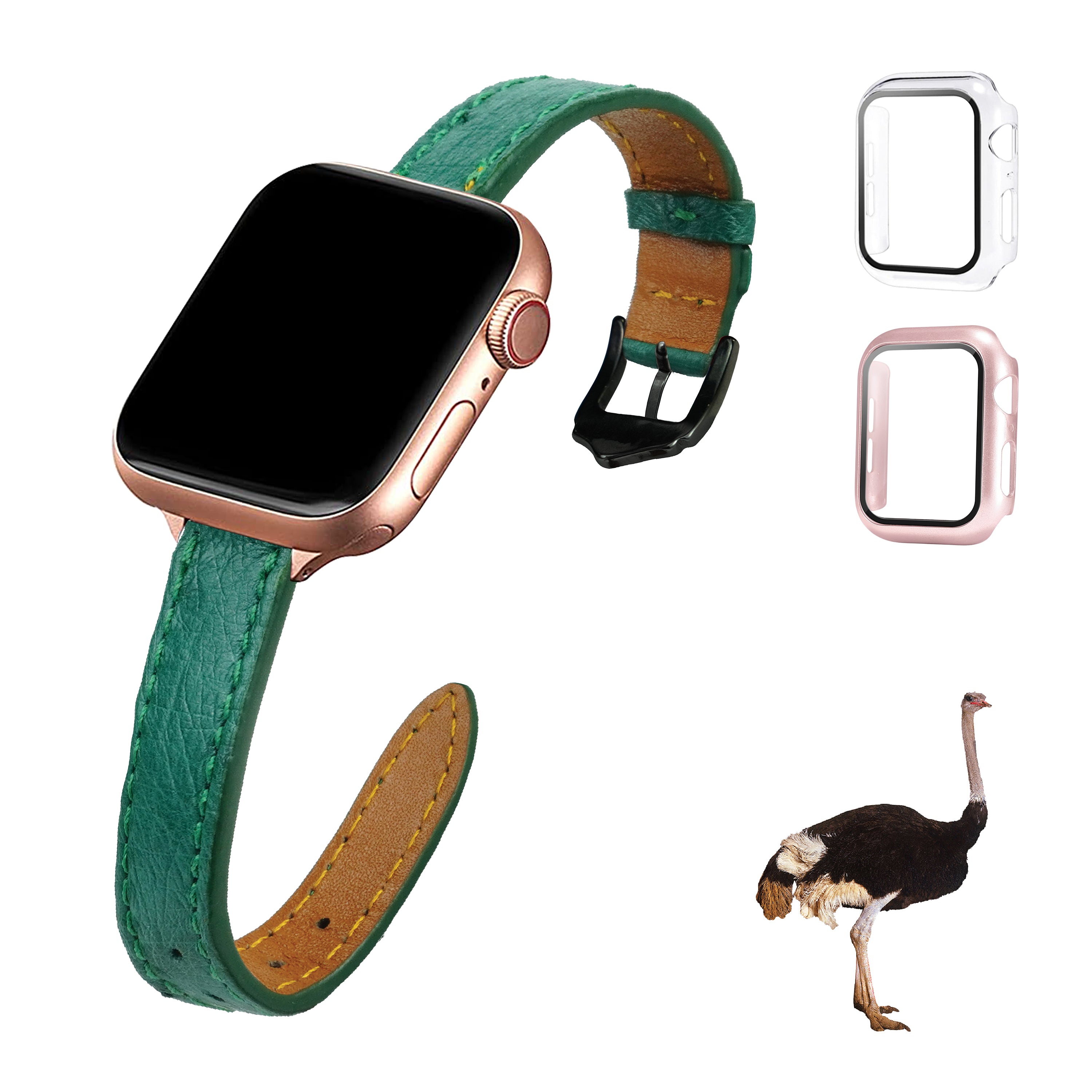 Green Flat Ostrich Leather Band Compatible Apple Watch Iwatch 38mm Screen Protector Case Black Adapter Replacement Strap For Smartwatch Series 1 2 3 Leather Handmade AW-188B-W-38MM