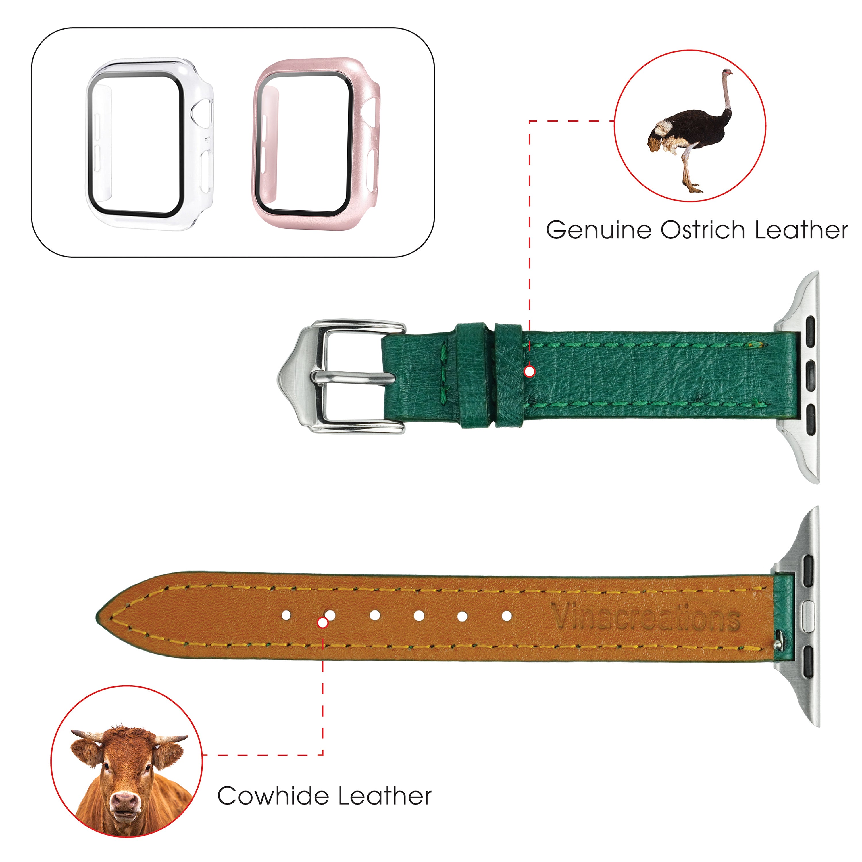 Green Flat Ostrich Leather Band Compatible Apple Watch Iwatch 49mm Screen Protector Case Silver Adapter Replacement Strap For Smartwatch Series 7 8 Leather Handmade AW-188S-W-49MM