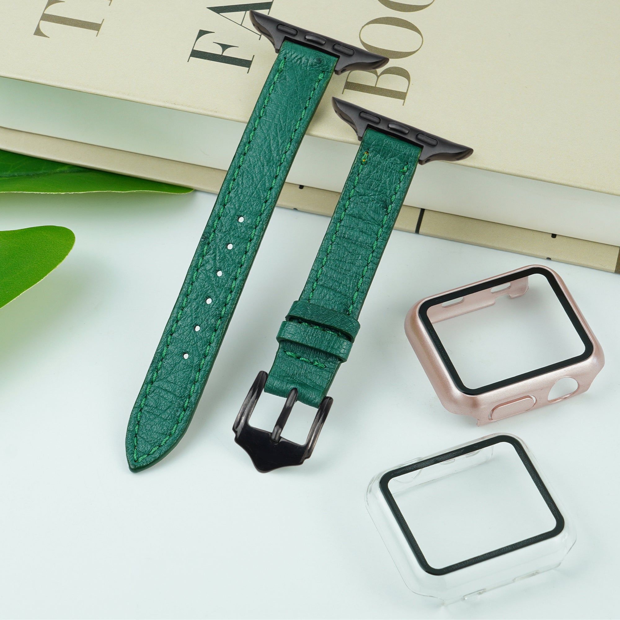 Green Flat Ostrich Leather Band Compatible Apple Watch Iwatch 42mm Screen Protector Case Black Adapter Replacement Strap For Smartwatch Series 1 2 3 Leather Handmade AW-188B-W-42MM