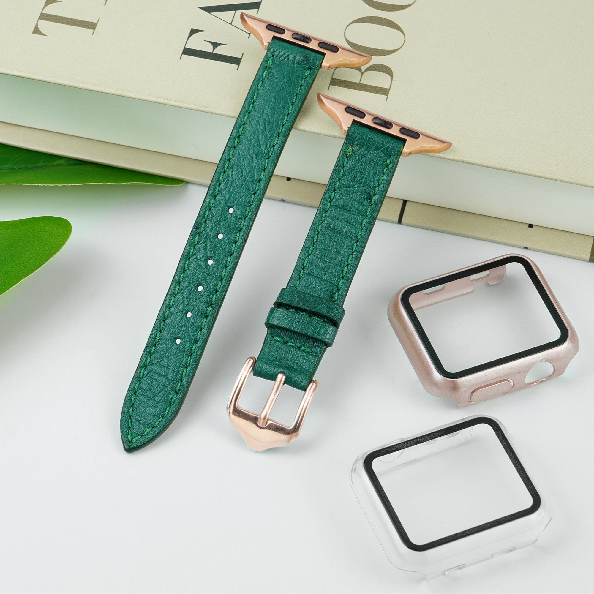 Green Flat Ostrich Leather Band Compatible Apple Watch Iwatch 49mm Screen Protector Case Gold Adapter Replacement Strap For Smartwatch Series 7 8 Leather Handmade AW-188G-W-49MM