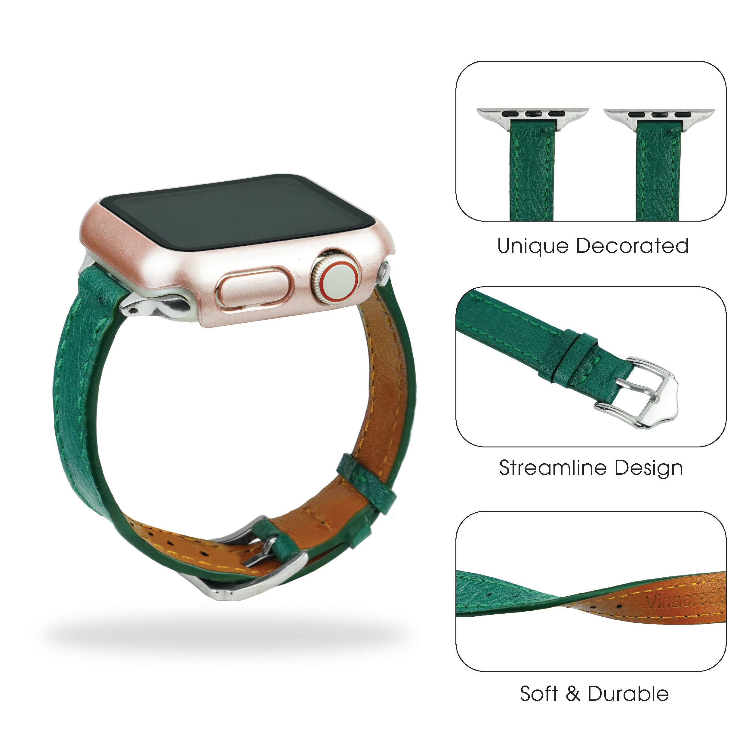 Green Flat Ostrich Leather Band Compatible Apple Watch Iwatch 44mm Screen Protector Case Silver Adapter Replacement Strap For Smartwatch Series 4 5 6 SE Leather Handmade AW-188S-W-44MM