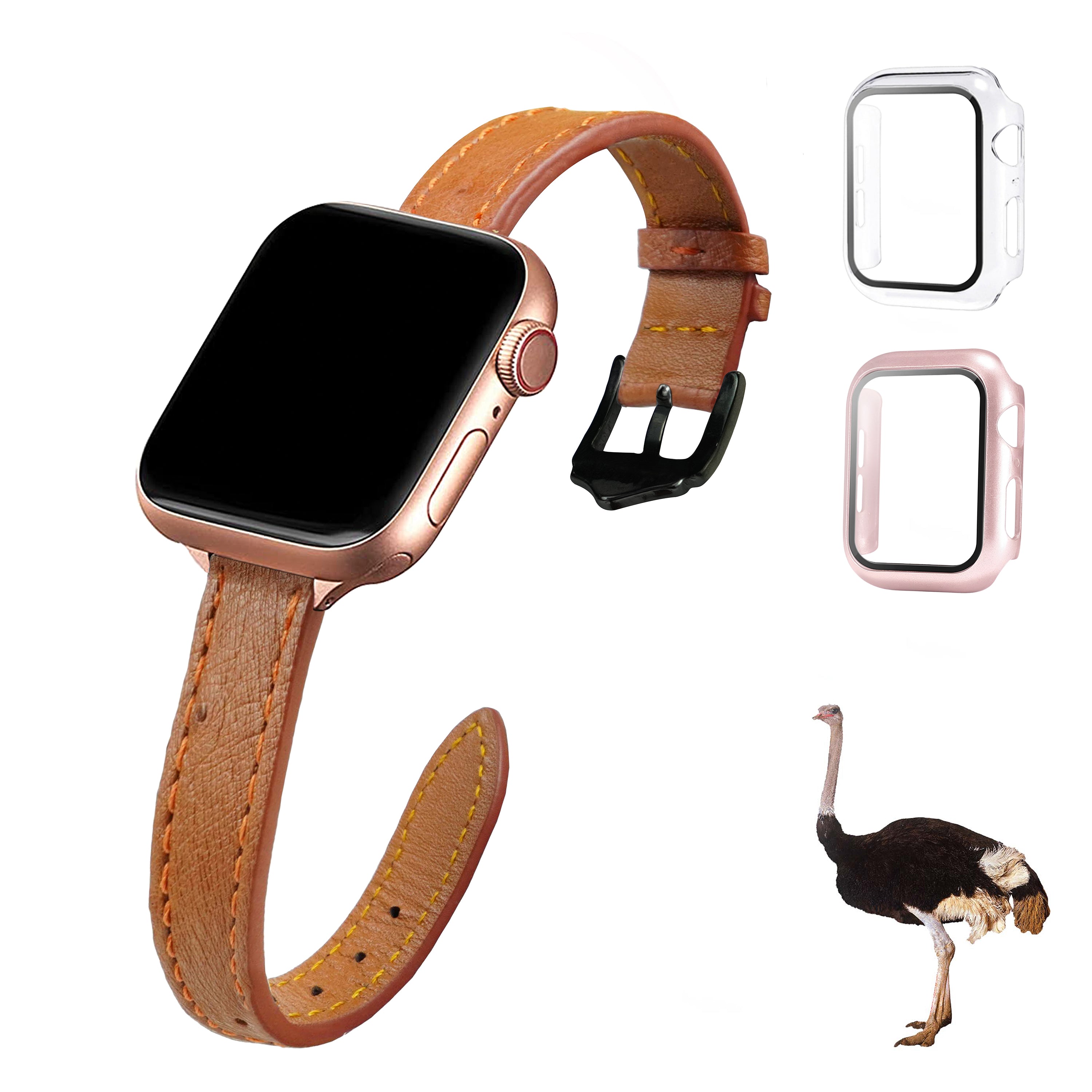 Light Brown Flat Ostrich Leather Band Compatible Apple Watch Iwatch 42mm Screen Protector Case Black Adapter Replacement Strap For Smartwatch Series 1 2 3 Leather Handmade AW-186B-W-42MM