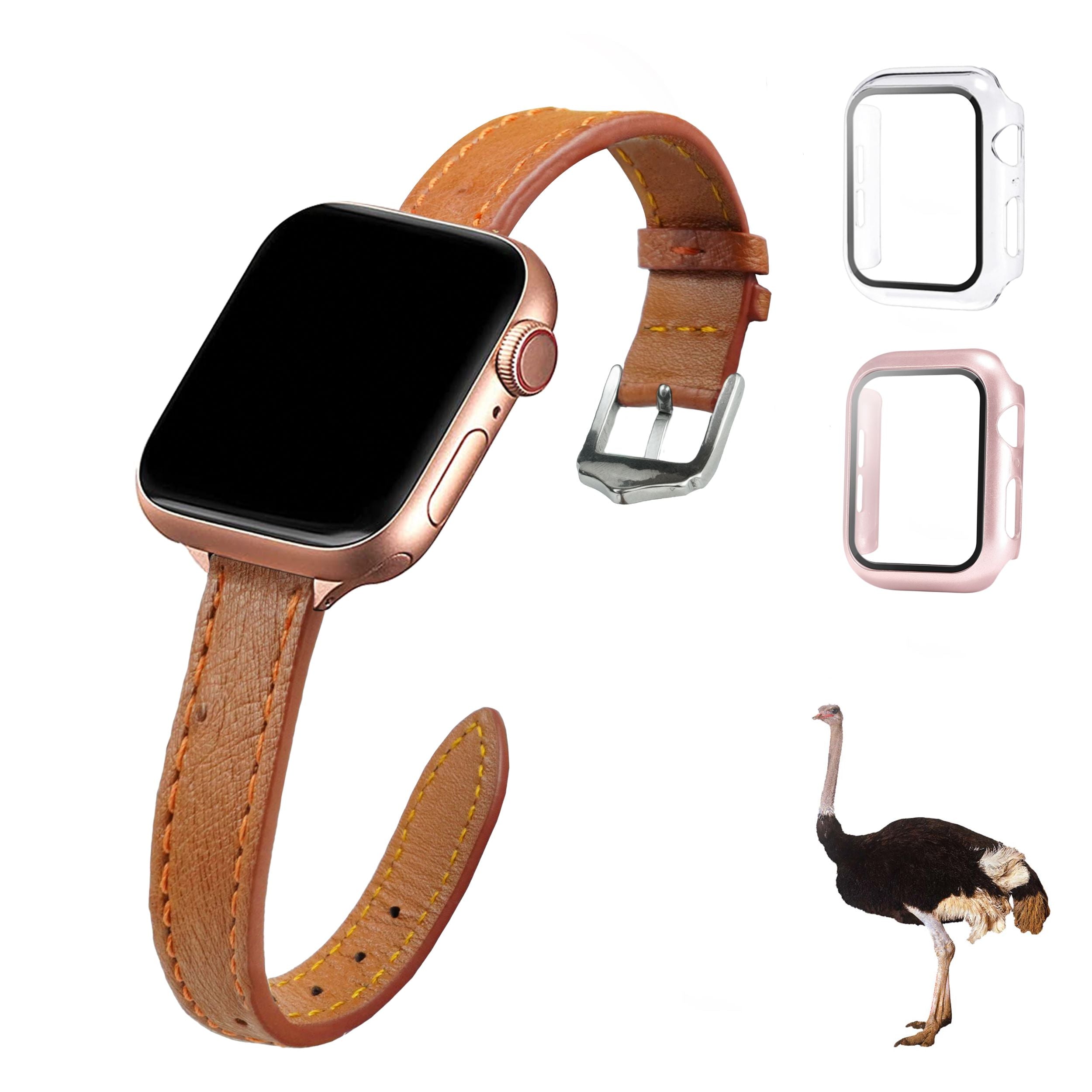 Light Brown Flat Ostrich Leather Band Compatible Apple Watch Iwatch 38mm Screen Protector Case Silver Adapter Replacement Strap For Smartwatch Series 1 2 3 Leather Handmade AW-186S-W-38MM