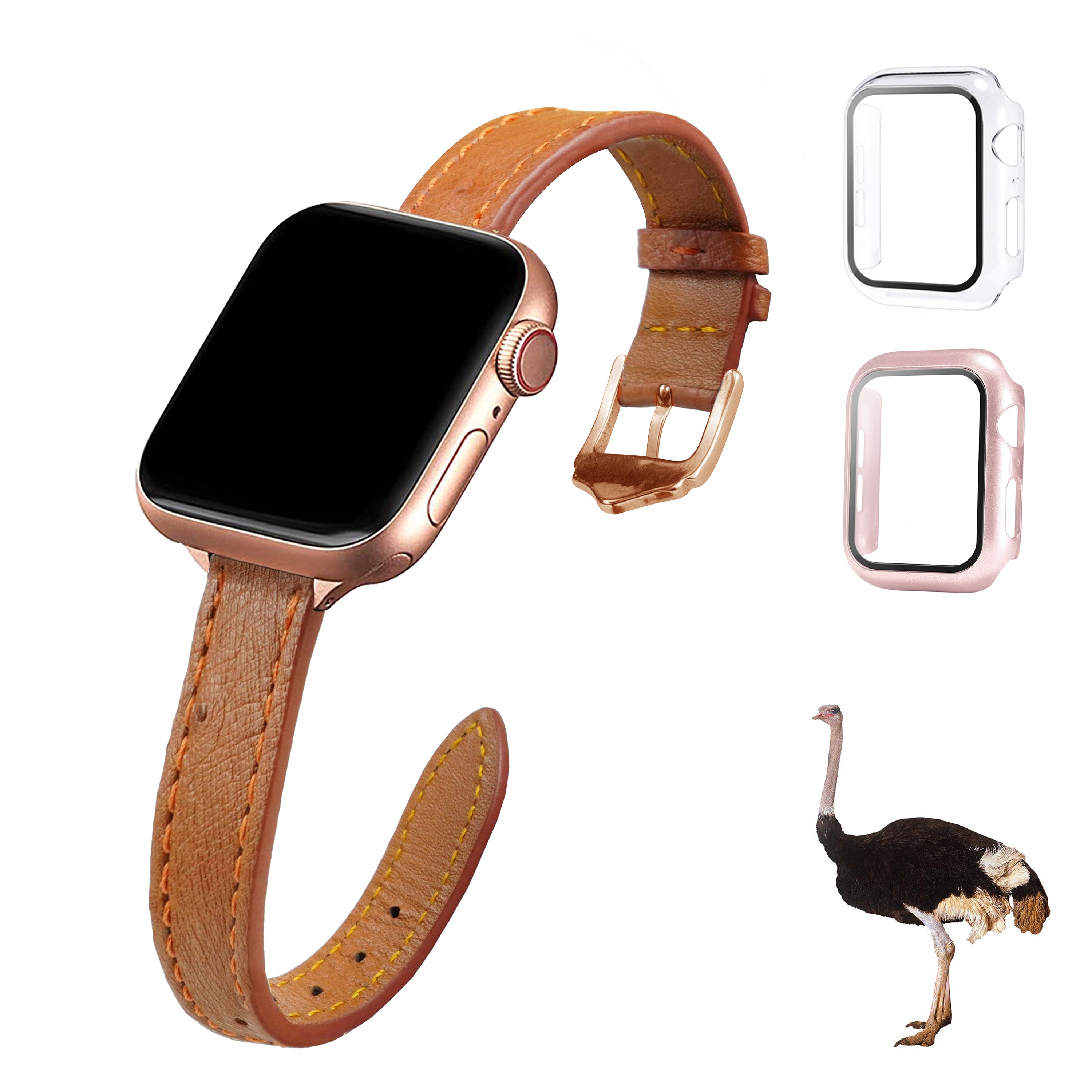 Light Brown Flat Ostrich Leather Band Compatible Apple Watch Iwatch 45mm Screen Protector Case Gold Adapter Replacement Strap For Smartwatch Series 7 8 Leather Handmade AW-186G-W-45MM