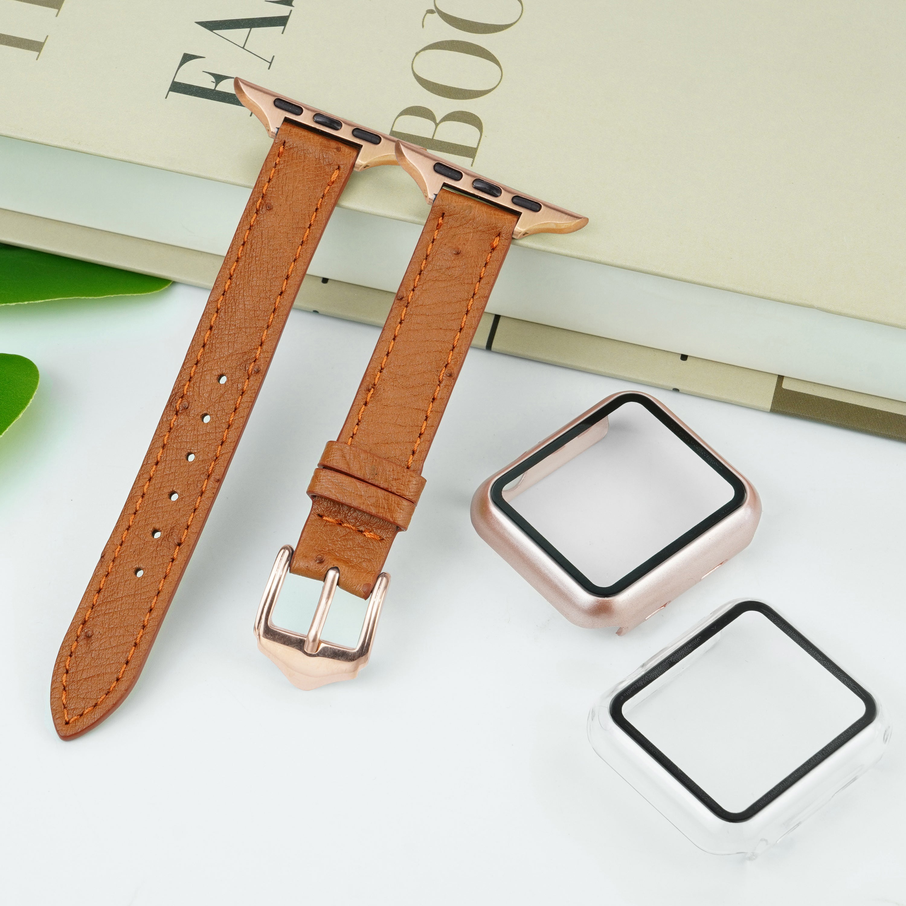 Light Brown Flat Ostrich Leather Band Compatible Apple Watch Iwatch 49mm Screen Protector Case Gold Adapter Replacement Strap For Smartwatch Series 7 8 Leather Handmade AW-186G-W-49MM