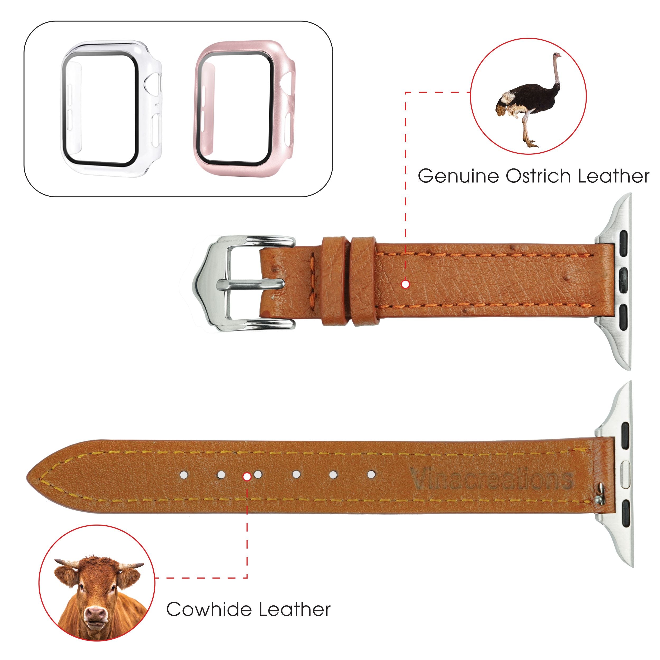 Light Brown Flat Ostrich Leather Band Compatible Apple Watch Iwatch 44mm Screen Protector Case Silver Adapter Replacement Strap For Smartwatch Series 4 5 6 SE Leather Handmade AW-186S-W-44MM