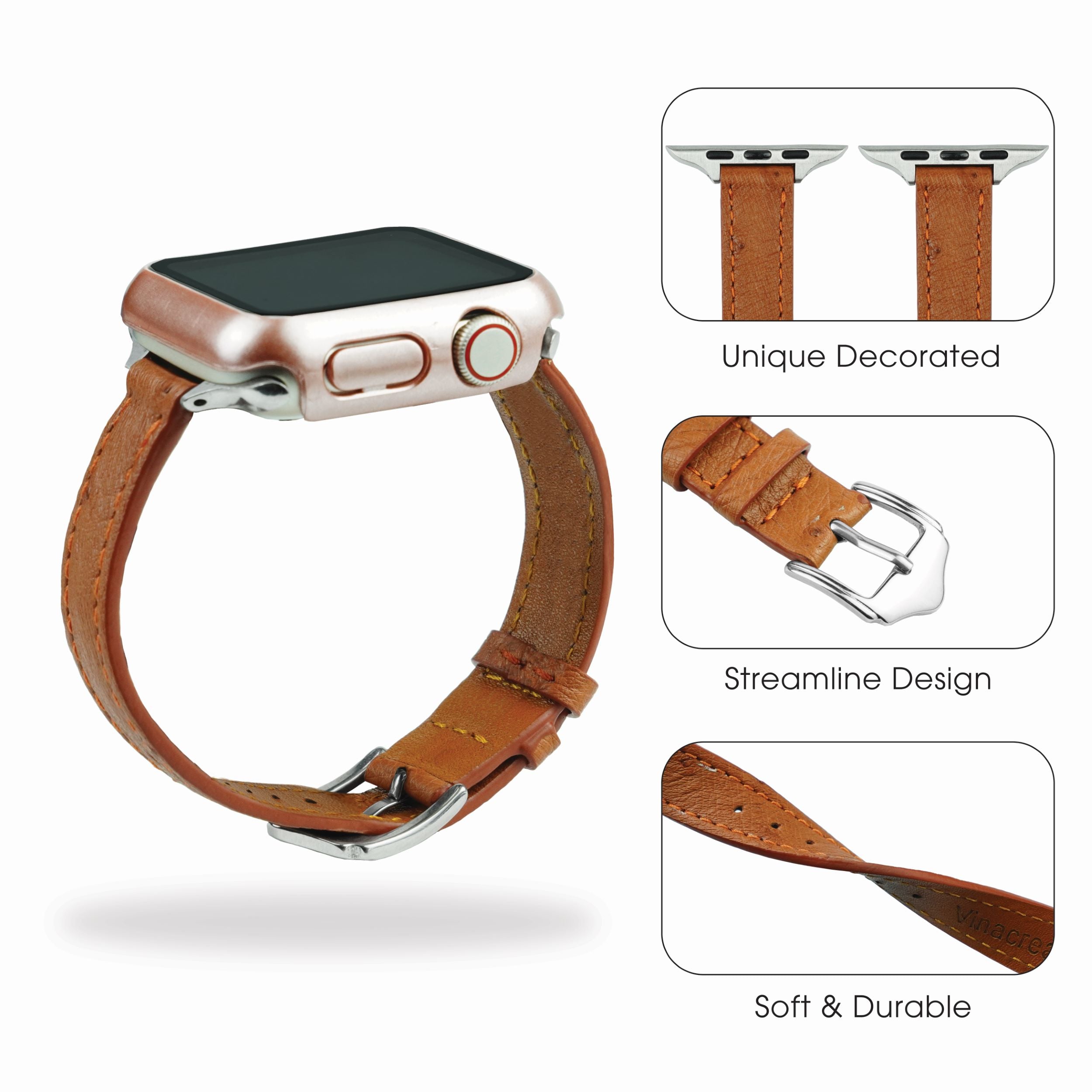 Light Brown Flat Ostrich Leather Band Compatible Apple Watch Iwatch 45mm Screen Protector Case Silver Adapter Replacement Strap For Smartwatch Series 7 8 Leather Handmade AW-186S-W-45MM