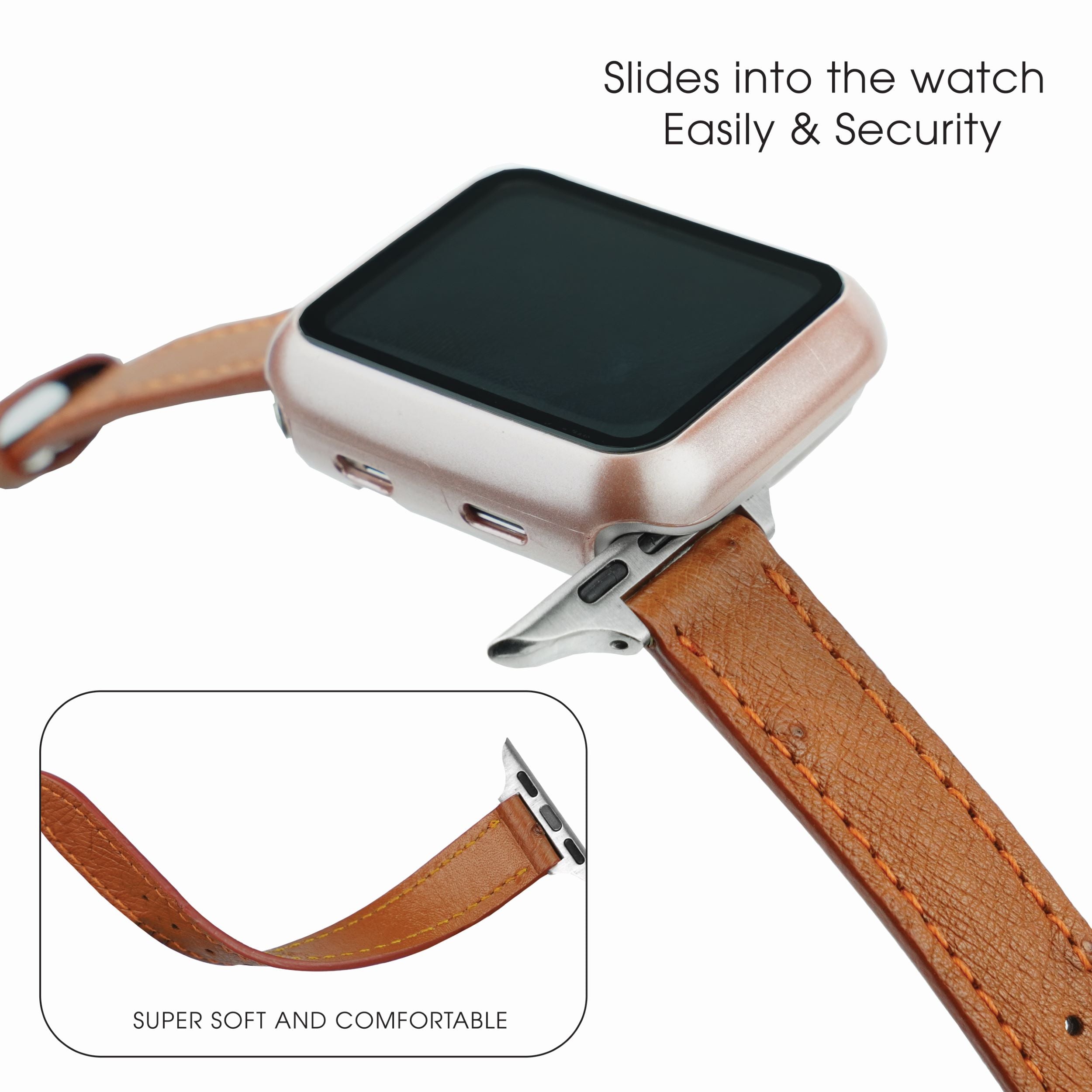 Light Brown Flat Ostrich Leather Band Compatible Apple Watch Iwatch 49mm Screen Protector Case Silver Adapter Replacement Strap For Smartwatch Series 7 8 Leather Handmade AW-186S-W-49MM