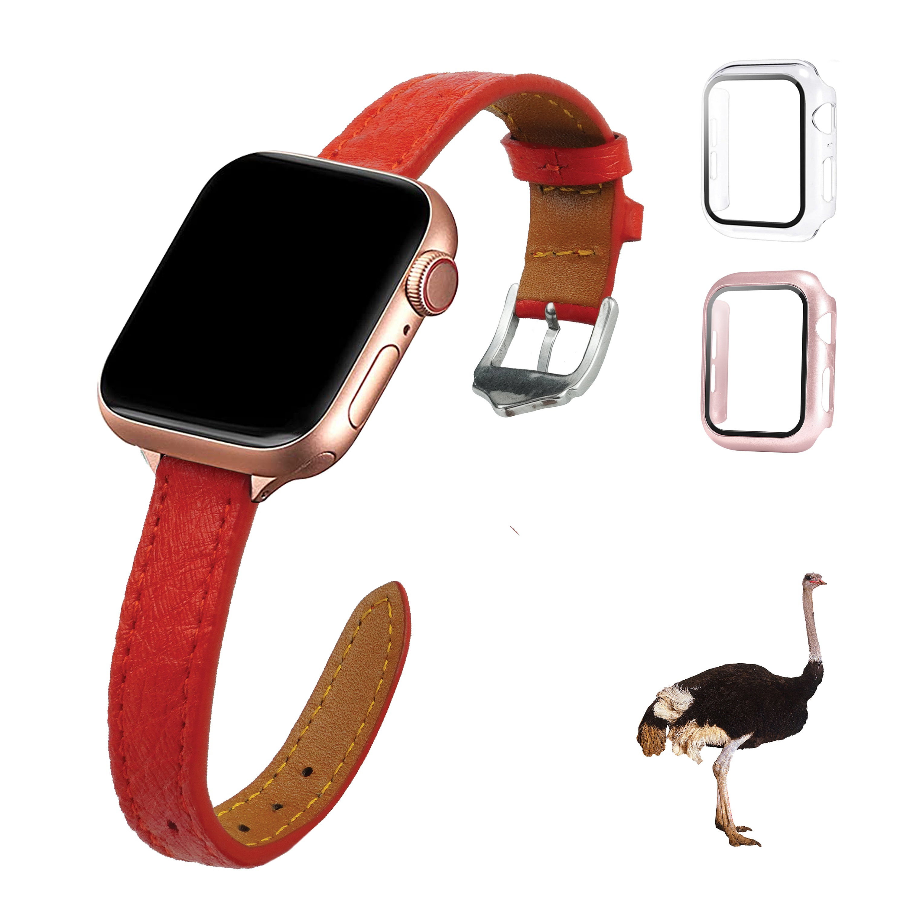 Red Flat Ostrich Leather Band Compatible Apple Watch Iwatch 44mm Screen Protector Case Silver Adapter Replacement Strap For Smartwatch Series 4 5 6 SE Leather Handmade AW-190S-W-44MM