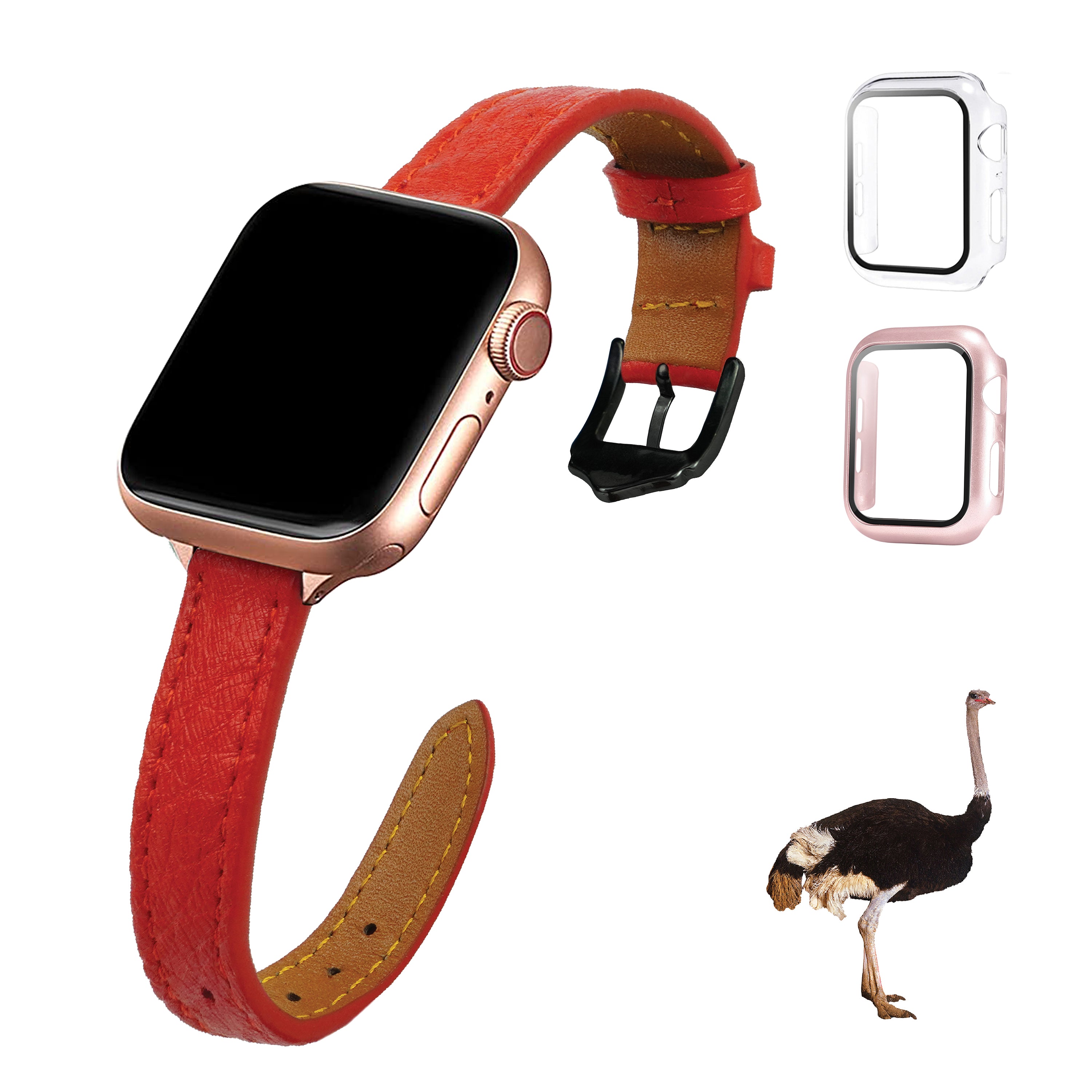 Red Flat Ostrich Leather Band Compatible Apple Watch Iwatch 38mm Screen Protector Case Black Adapter Replacement Strap For Smartwatch Series 1 2 3 Leather Handmade AW-190B-W-38MM