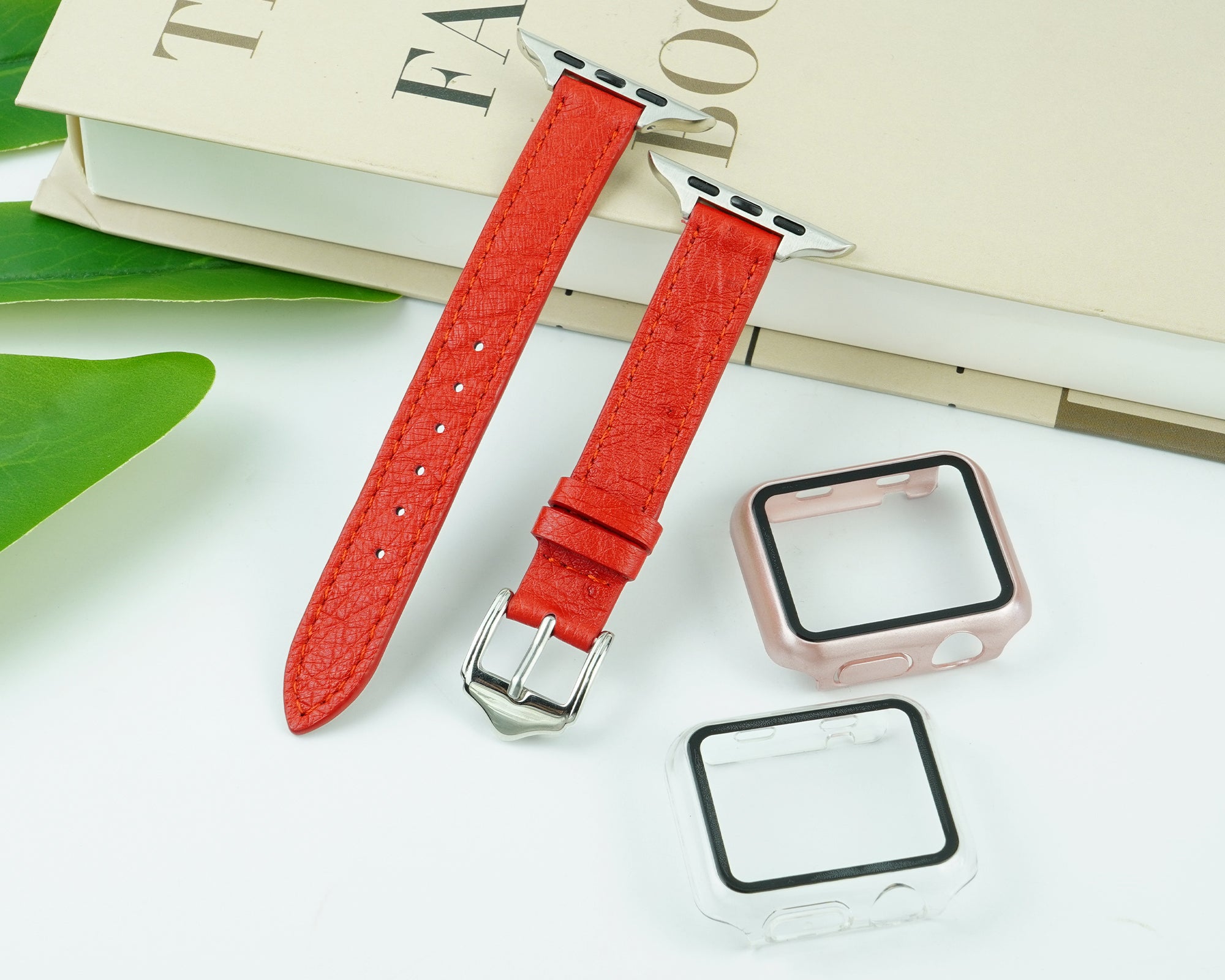 Red Flat Ostrich Leather Band Compatible Apple Watch Iwatch 41mm Screen Protector Case Silver Adapter Replacement Strap For Smartwatch Series 7 8 Leather Handmade AW-190S-W-41MM