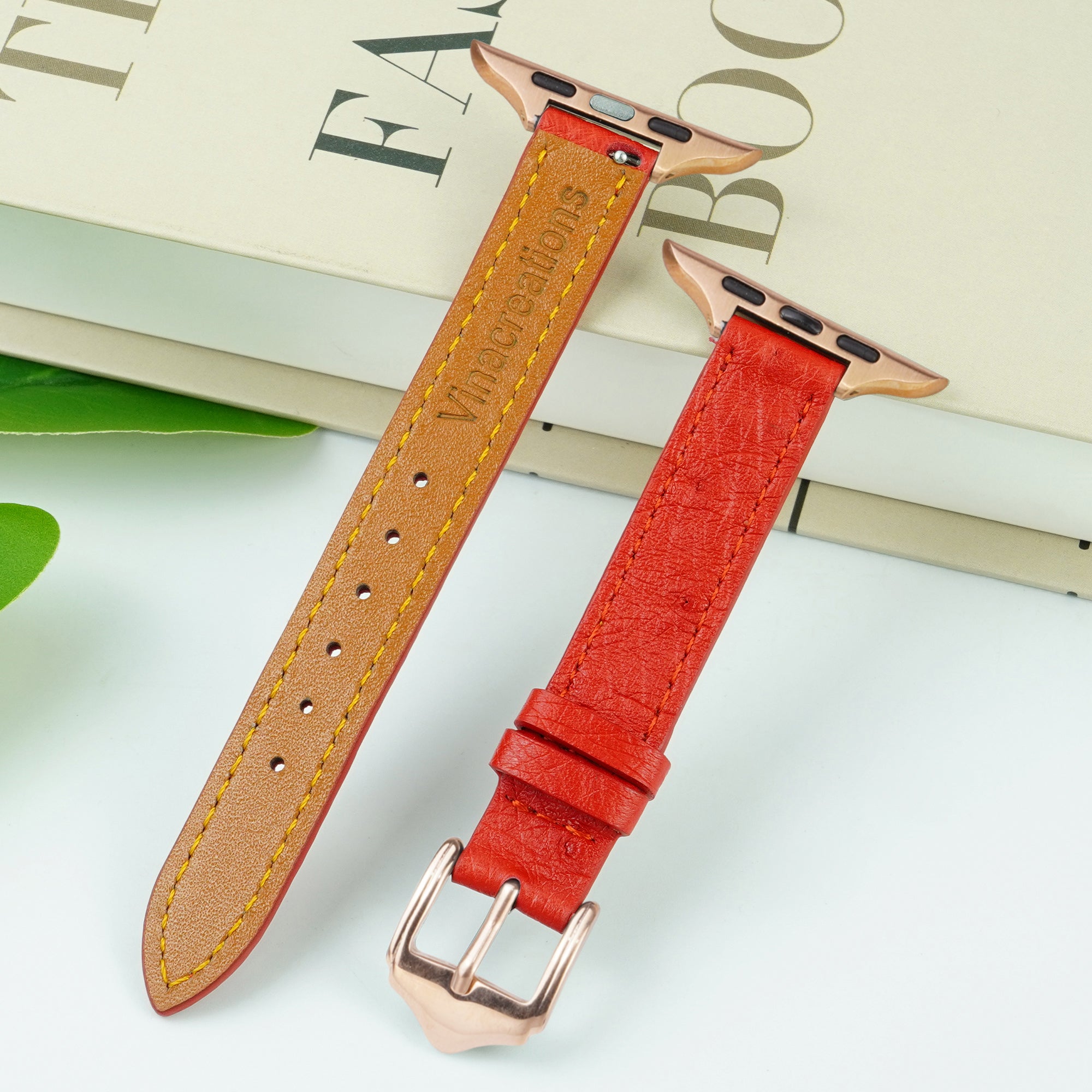 Red Flat Ostrich Leather Band Compatible Apple Watch Iwatch 41mm Screen Protector Case Gold Adapter Replacement Strap For Smartwatch Series 7 8 Leather Handmade AW-190G-W-41MM