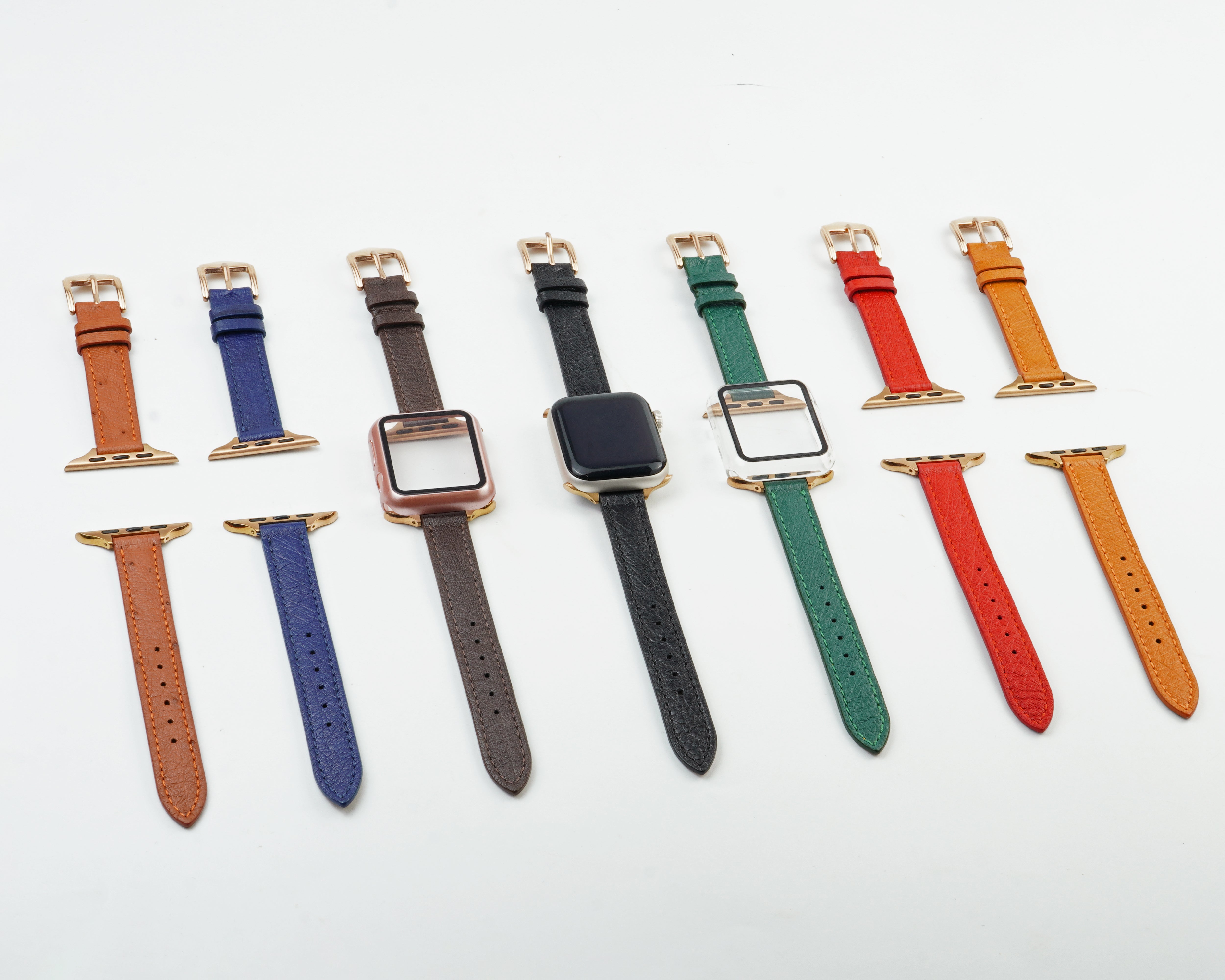 Red Flat Ostrich Leather Band Compatible Apple Watch Iwatch 41mm Screen Protector Case Gold Adapter Replacement Strap For Smartwatch Series 7 8 Leather Handmade AW-190G-W-41MM