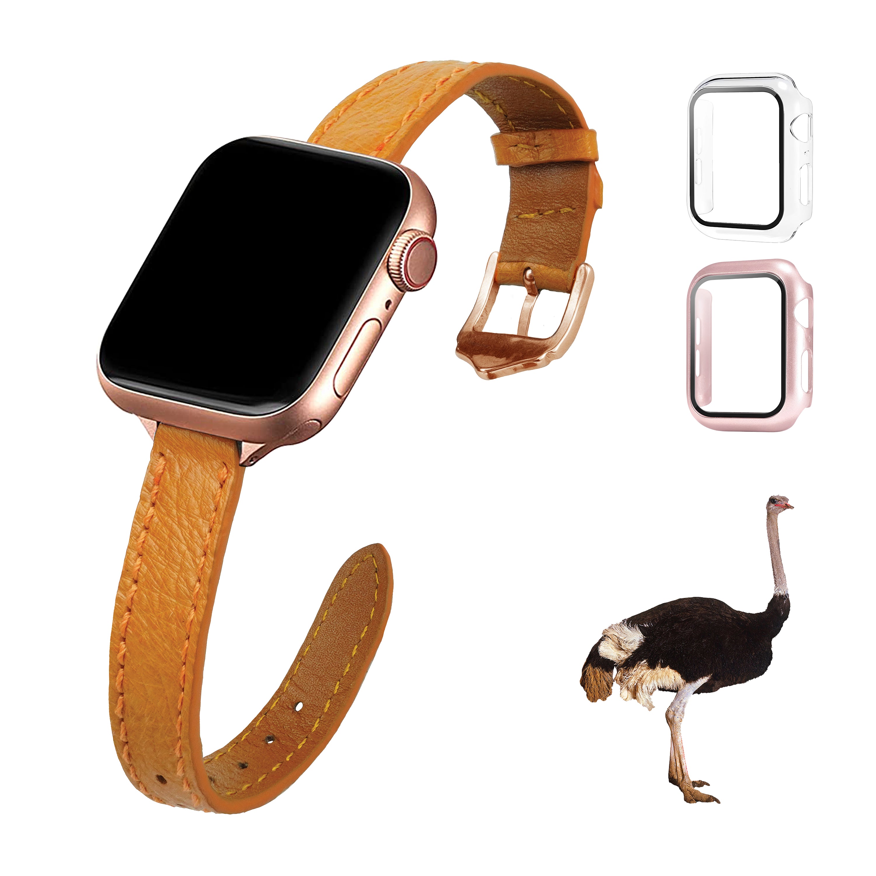 Tan Flat Ostrich Leather Band Compatible Apple Watch Iwatch 38mm Screen Protector Case Gold Adapter Replacement Strap For Smartwatch Series 1 2 3 Leather Handmade AW-182G-W-38MM