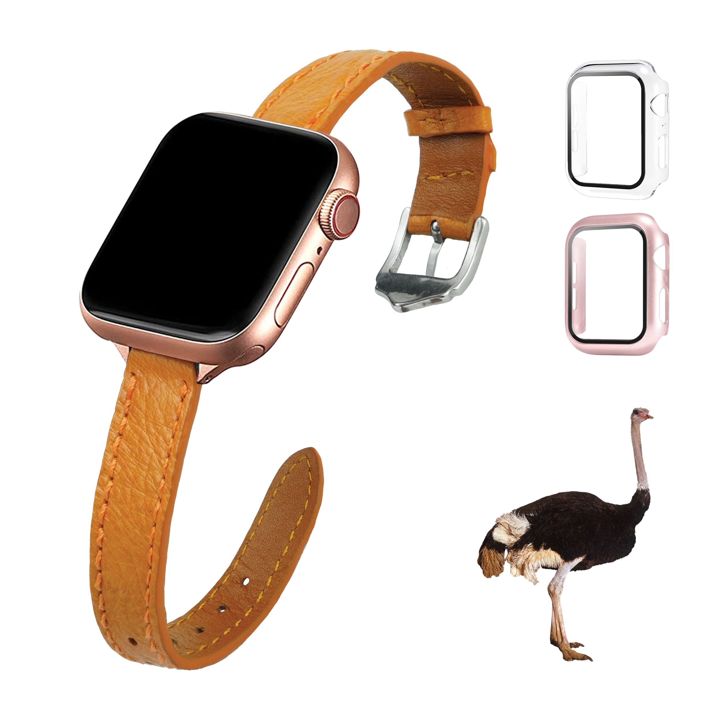 Tan Flat Ostrich Leather Band Compatible Apple Watch Iwatch 41mm Screen Protector Case Silver Adapter Replacement Strap For Smartwatch Series 7 8 Leather Handmade AW-182S-W-41MM