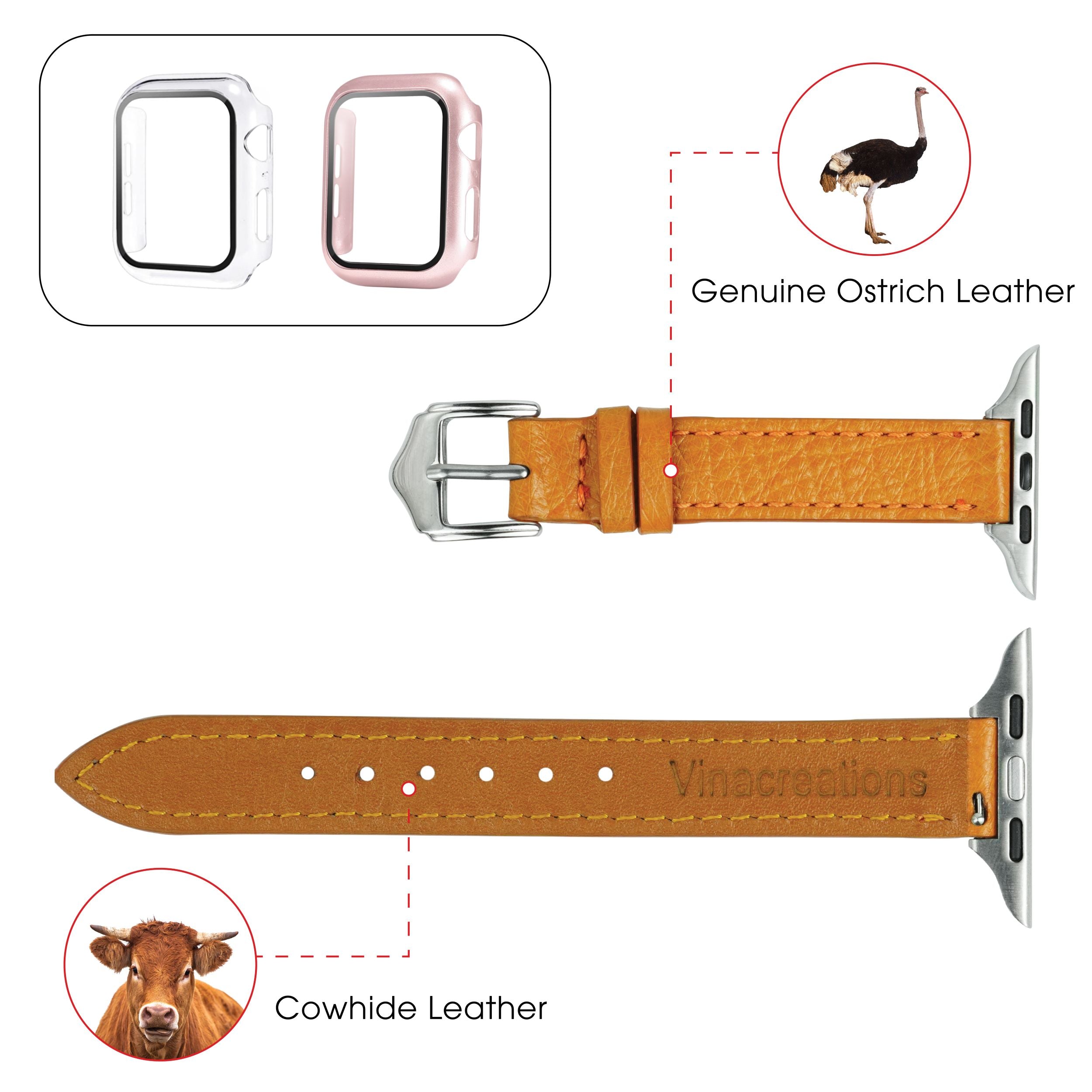 Tan Flat Ostrich Leather Band Compatible Apple Watch Iwatch 49mm Screen Protector Case Silver Adapter Replacement Strap For Smartwatch Series 7 8 Leather Handmade AW-182S-W-49MM
