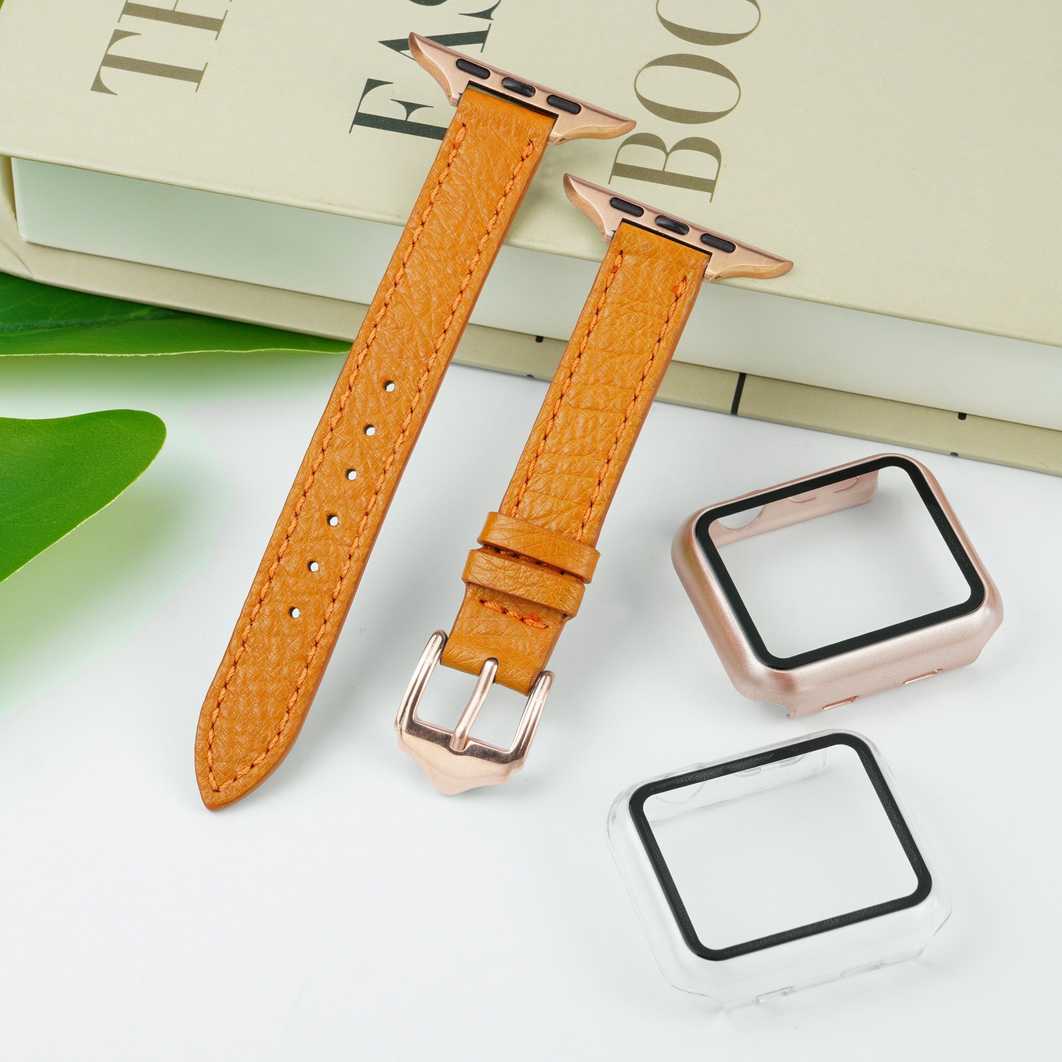 Tan Flat Ostrich Leather Band Compatible Apple Watch Iwatch 44mm Screen Protector Case Gold Adapter Replacement Strap For Smartwatch Series 4 5 6 SE Leather Handmade AW-182G-W-44MM