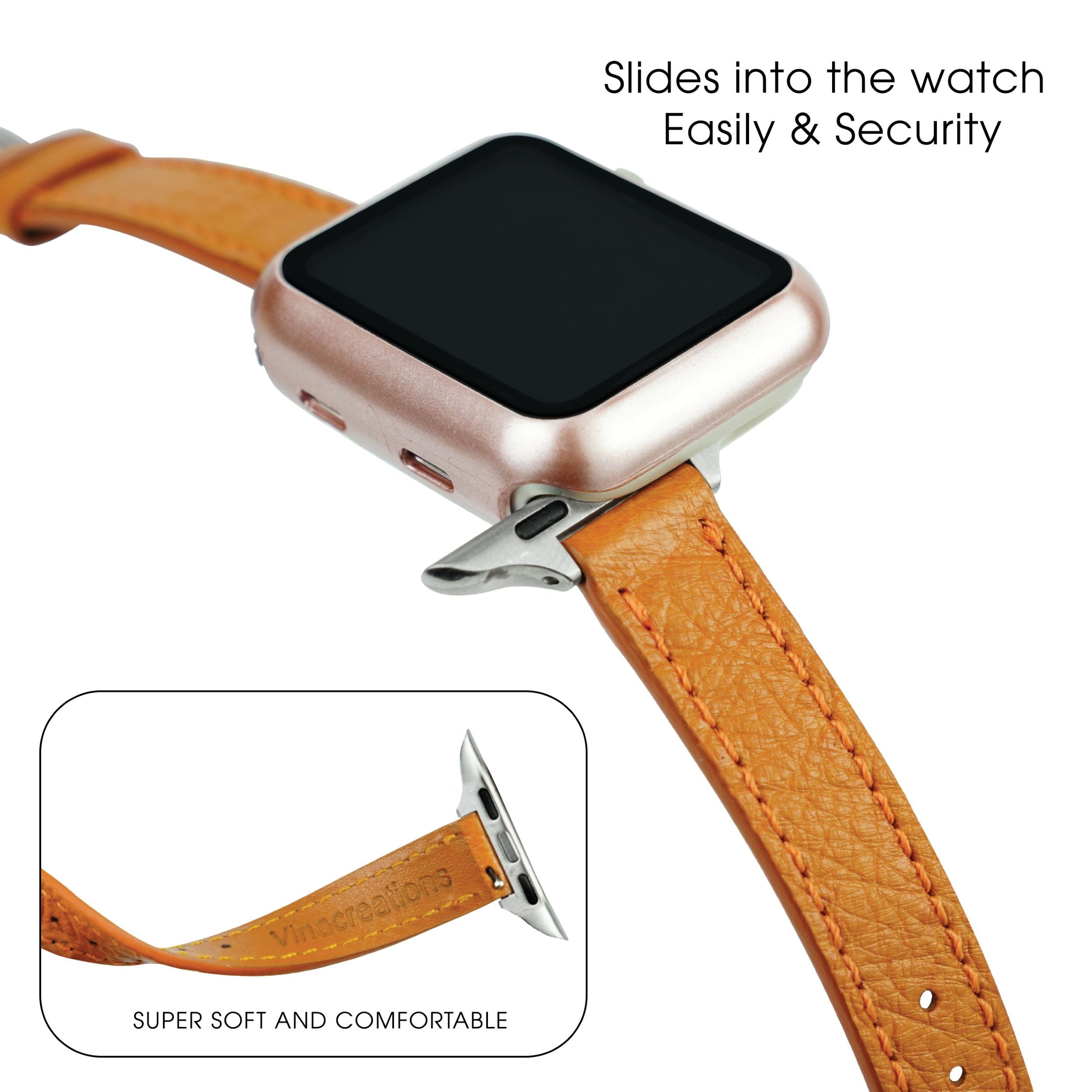 Tan Flat Ostrich Leather Band Compatible Apple Watch Iwatch 45mm Screen Protector Case Silver Adapter Replacement Strap For Smartwatch Series 7 8 Leather Handmade AW-182S-W-45MM