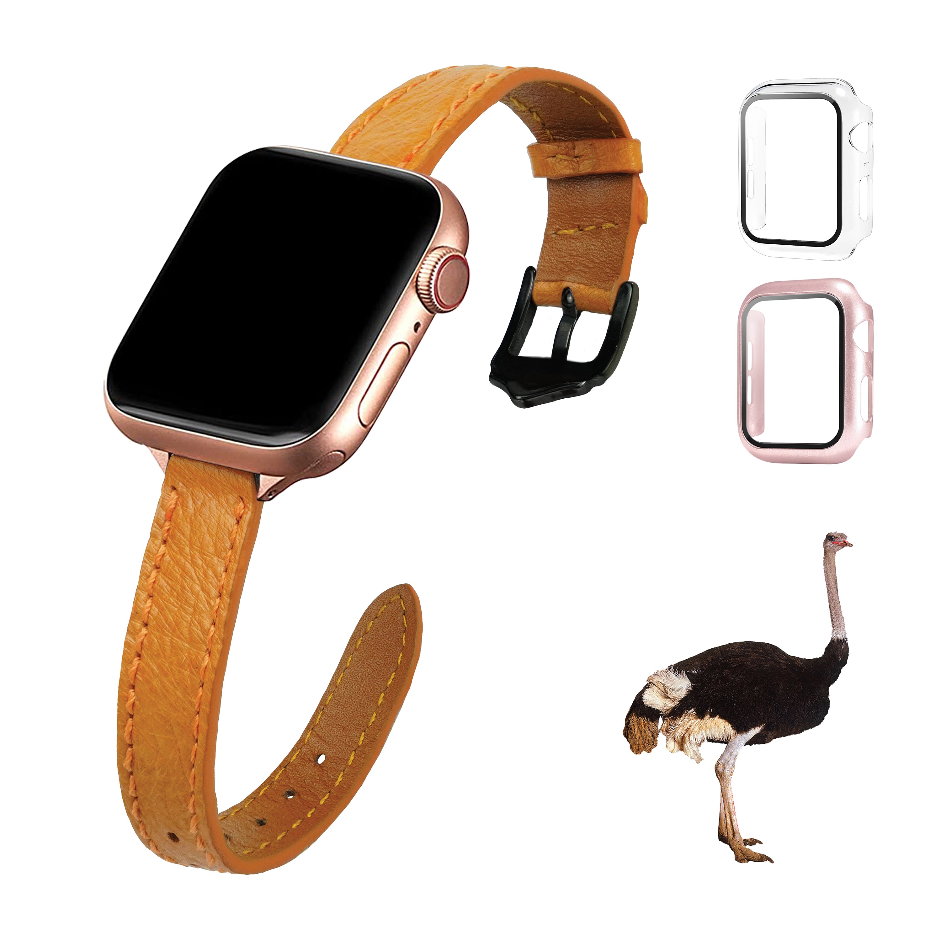 Tan Flat Ostrich Leather Band Compatible Apple Watch Iwatch 38mm Screen Protector Case Black Adapter Replacement Strap For Smartwatch Series 1 2 3 Leather Handmade AW-182B-W-38MM