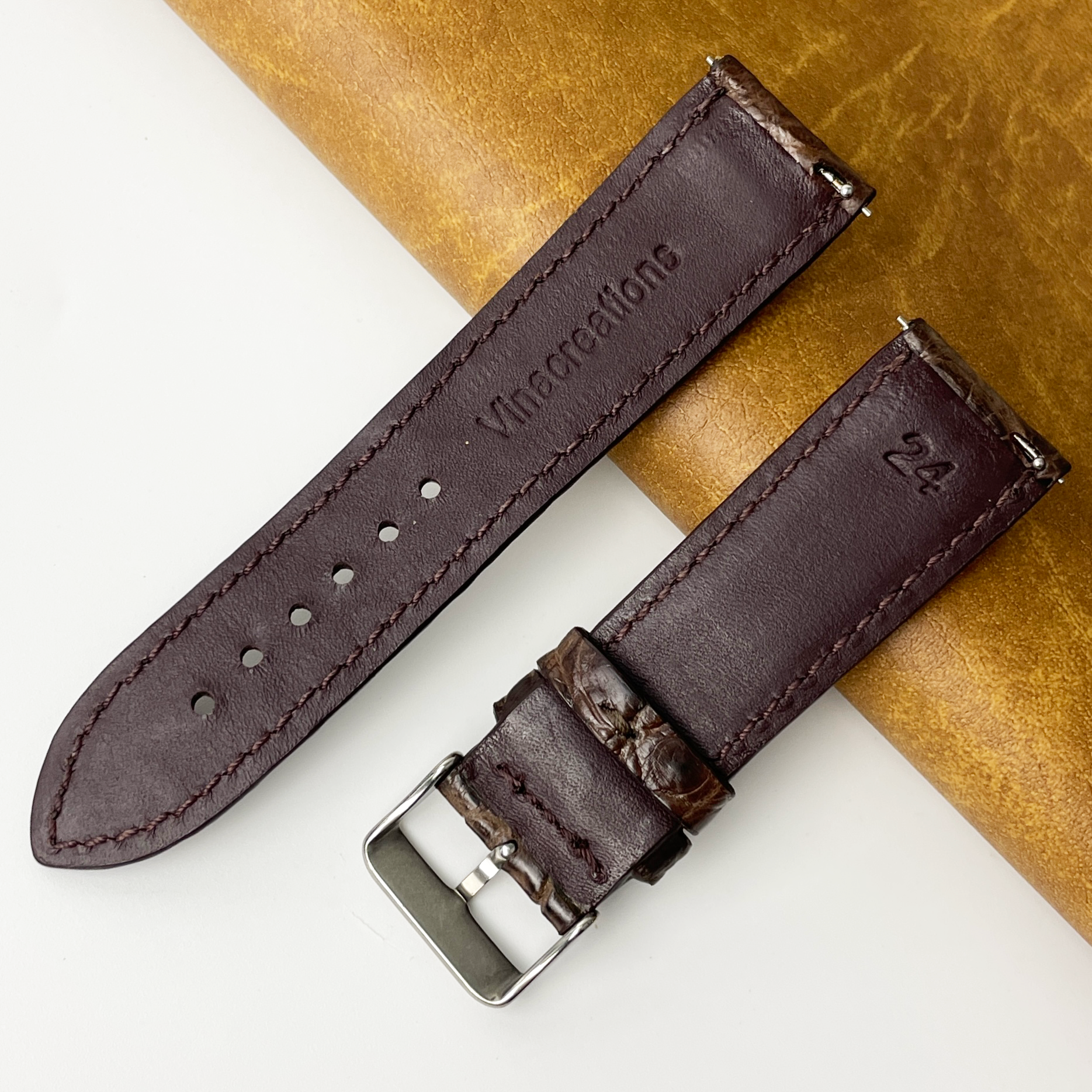 24mm Dark Brown Unique Texture Alligator Leather Watch Band For Men