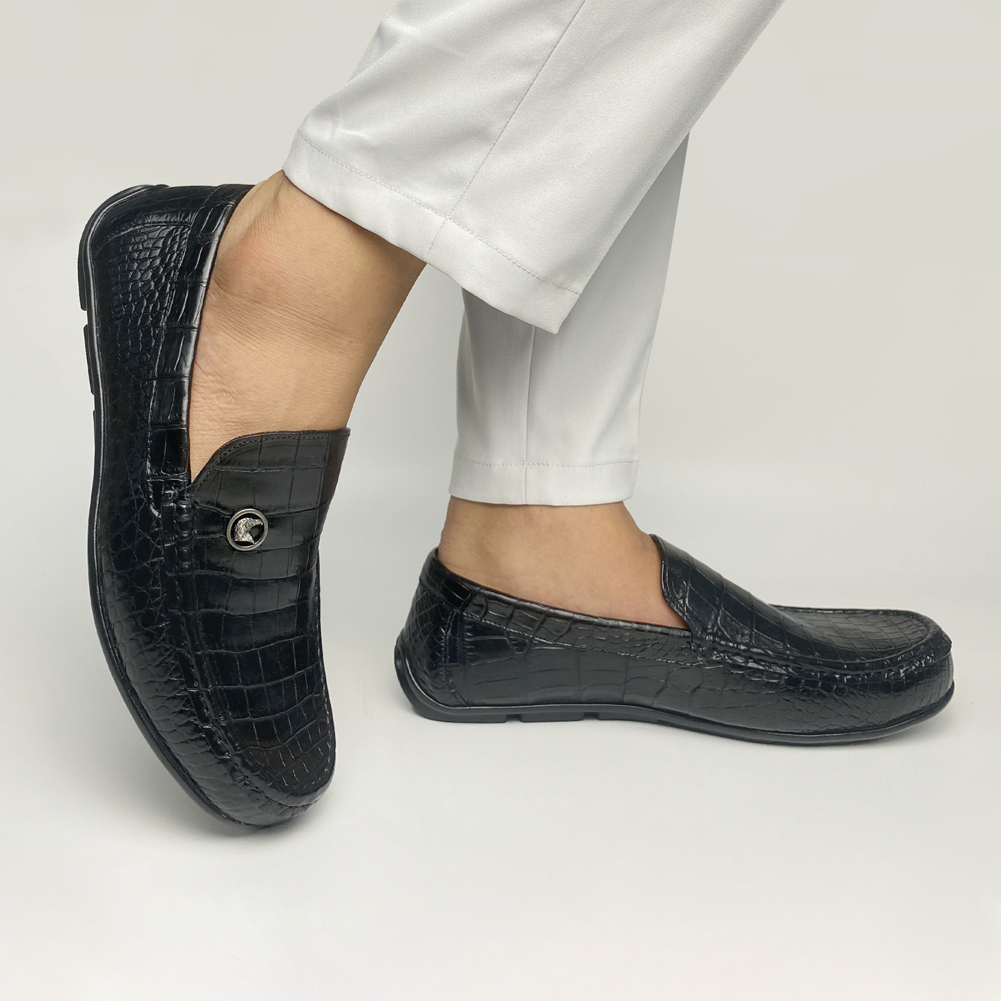 Black Alligator Leather Moccasin Loafer | Crocodile Belly Skin Moccasin Loafer | SH91L42