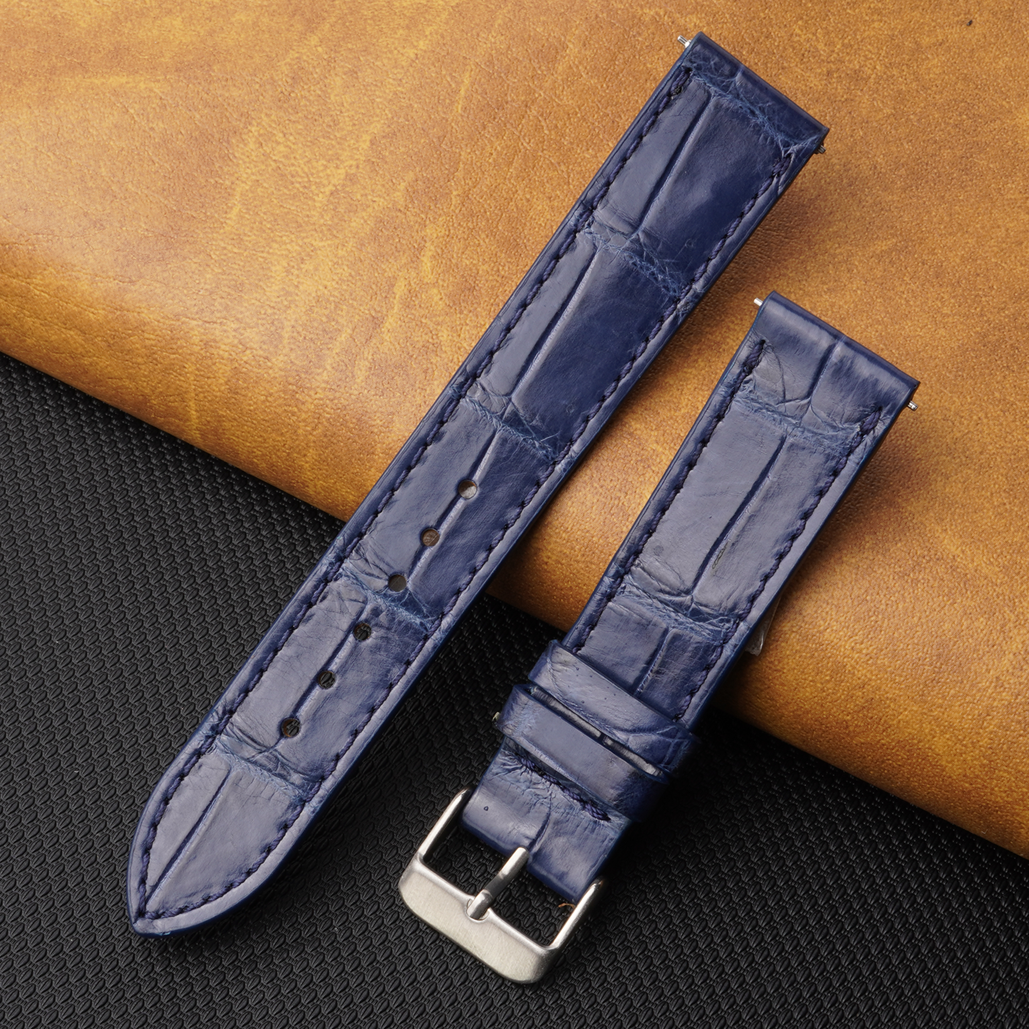 Flat Navy Blue Alligator Leather Watch Band