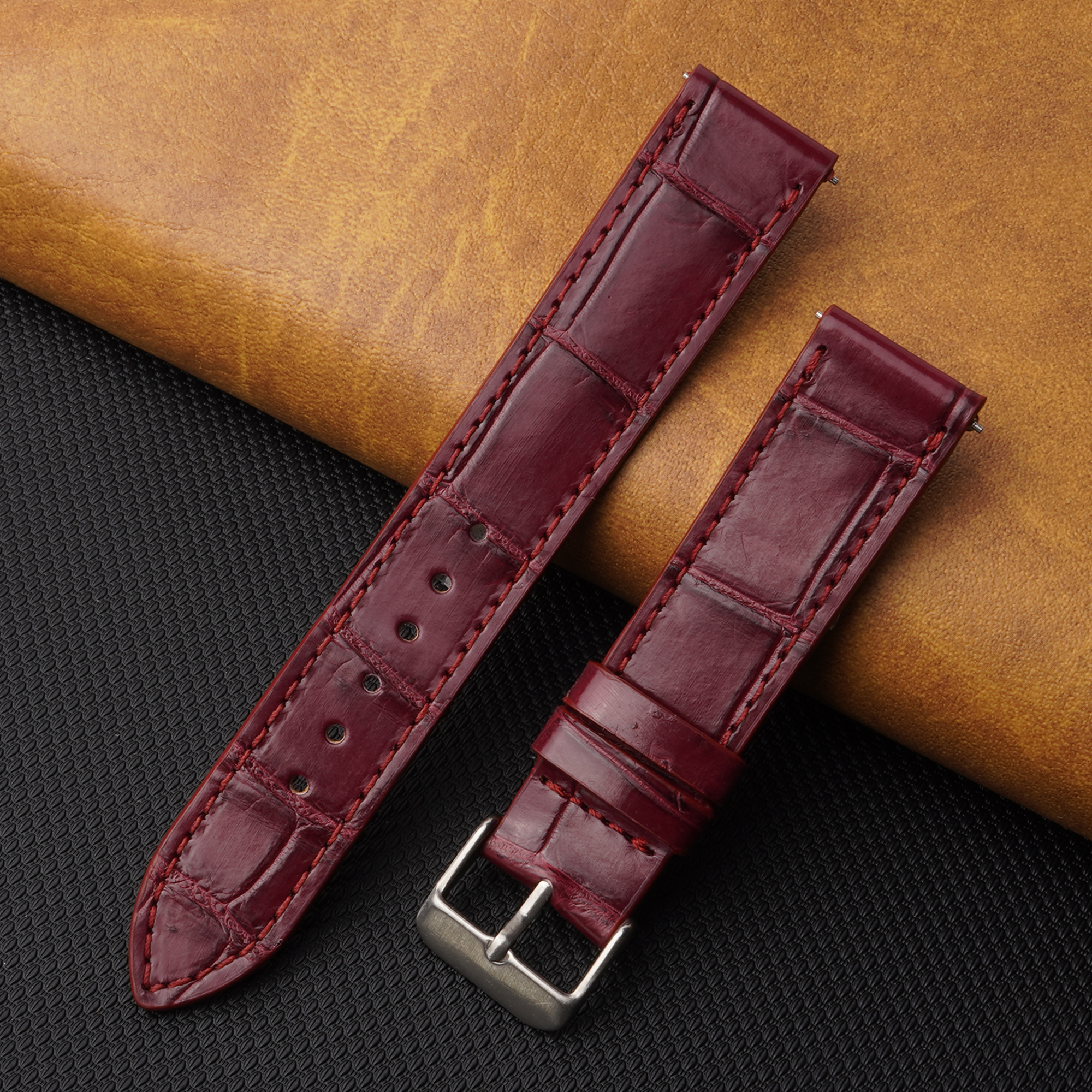 Flat Burgundy Alligator Leather Watch Band
