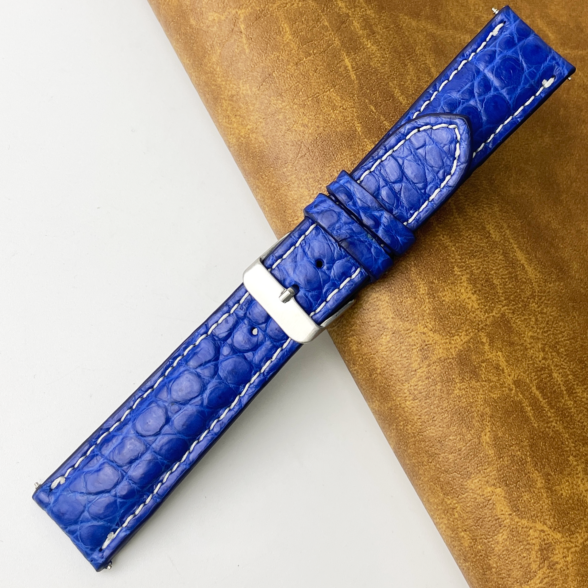 Blue Unique White Stitching Pattern Alligator Leather Watch Band For Men