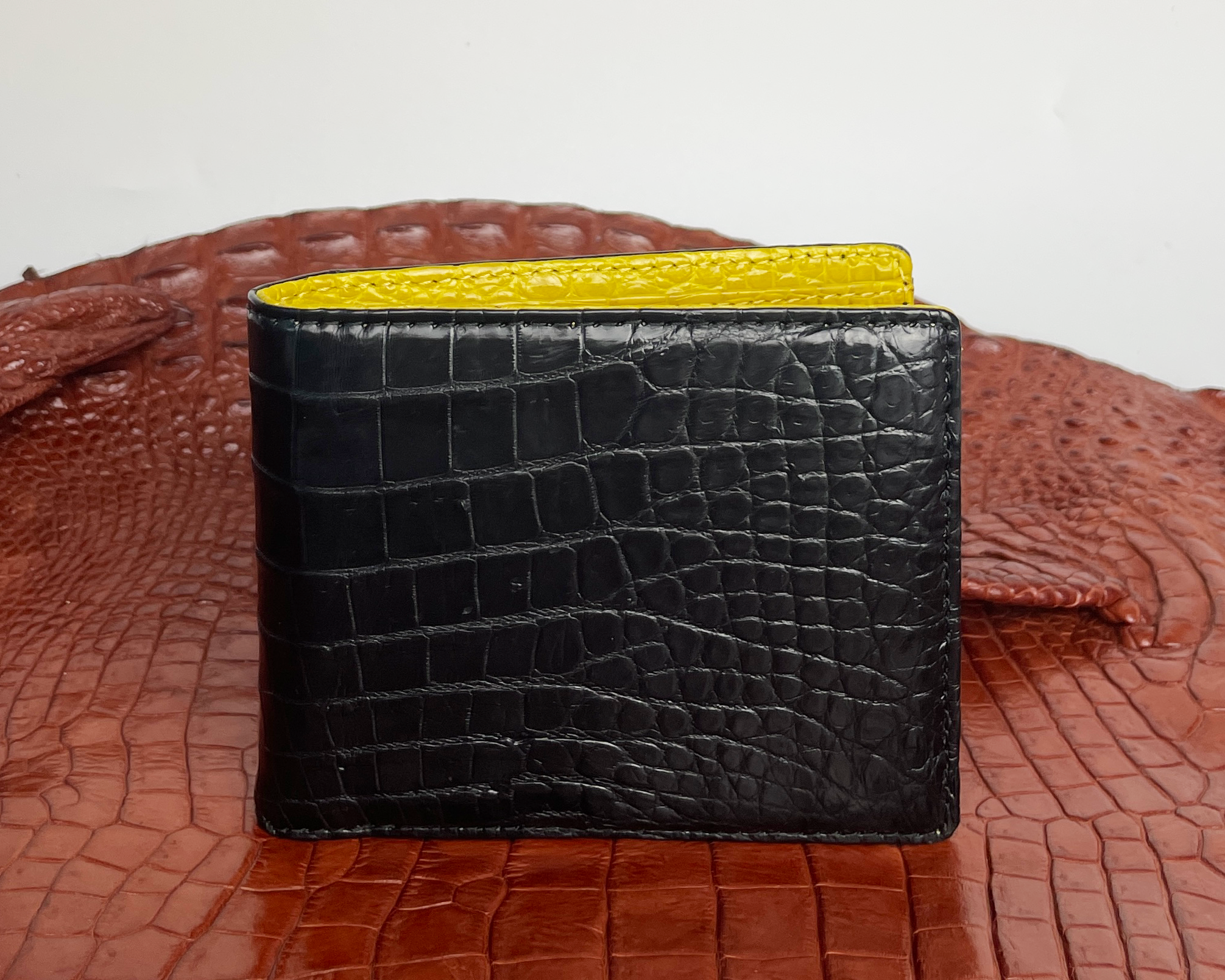 Black Yellow Double Side Alligator Leather Classic Bifold Wallet For Men
