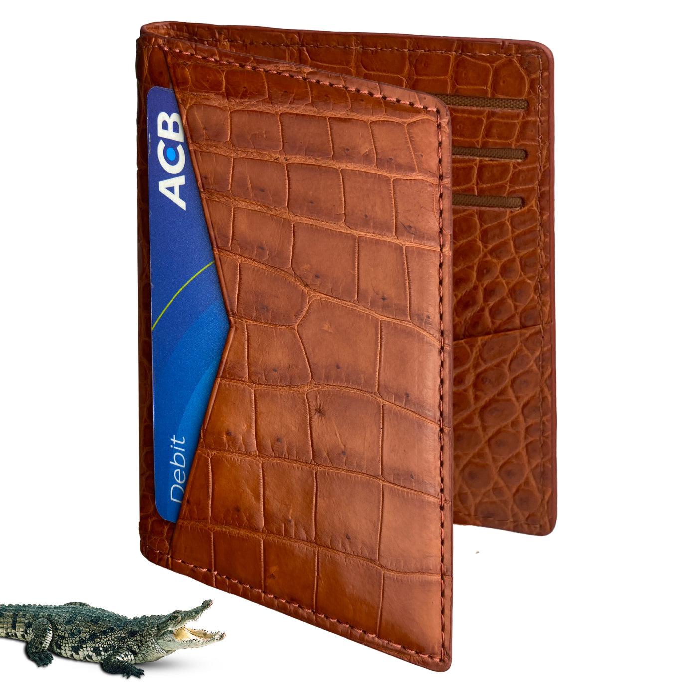 Light Brown Alligator Leather Minimalist Wallet - Crocodile Slim Credit Card Holder Double Side | RFID Blocking | LIGHT-CARD-14