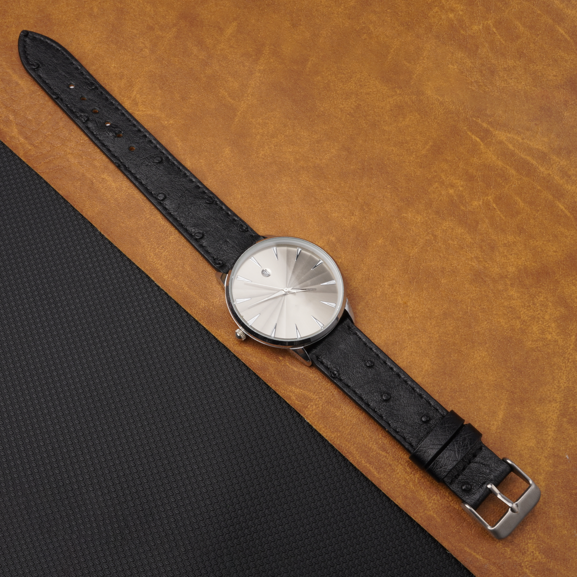 Slim Black Ostrich Leather Watch Band