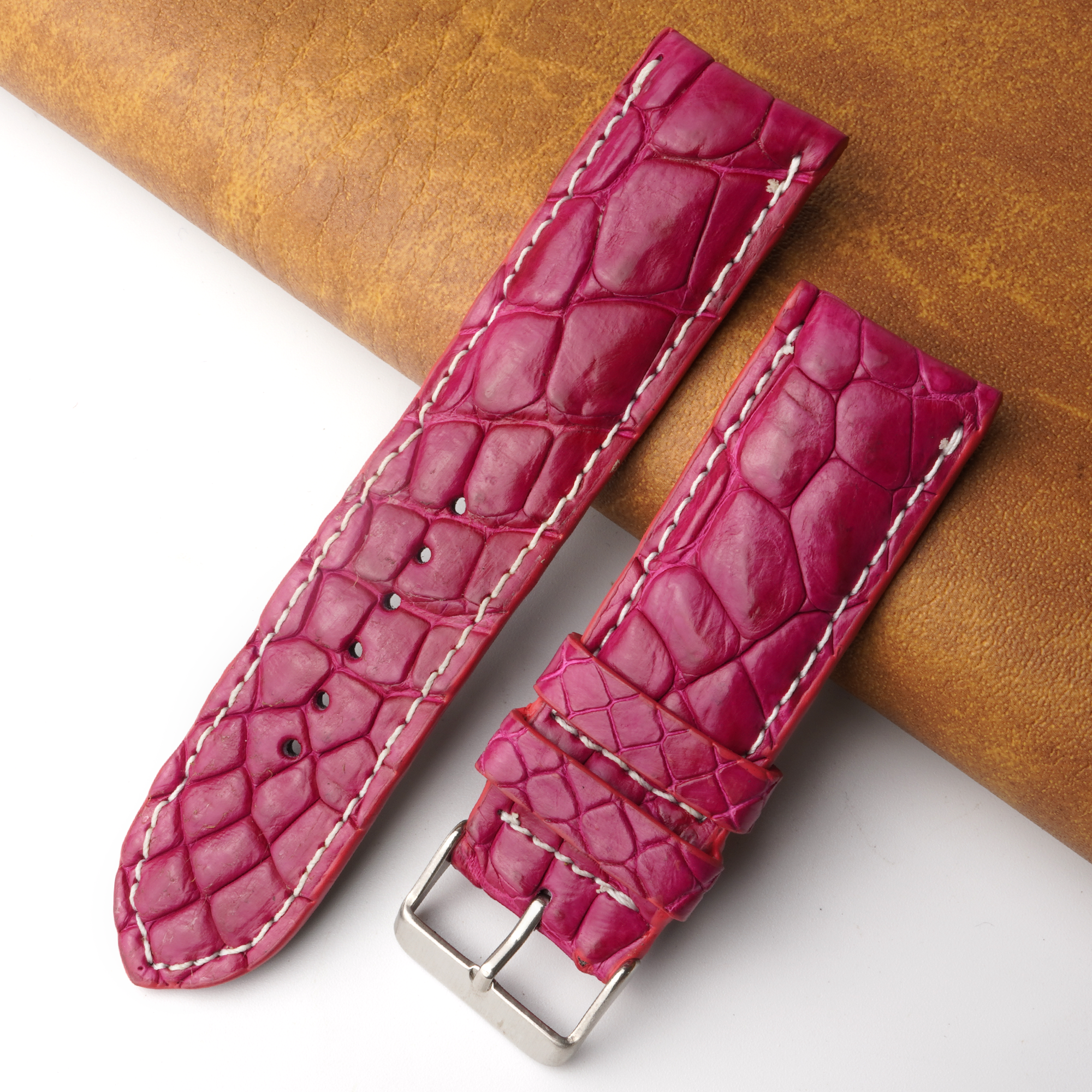 24mm Pink Unique Pattern Alligator Leather Watch Band For Men DH-226K