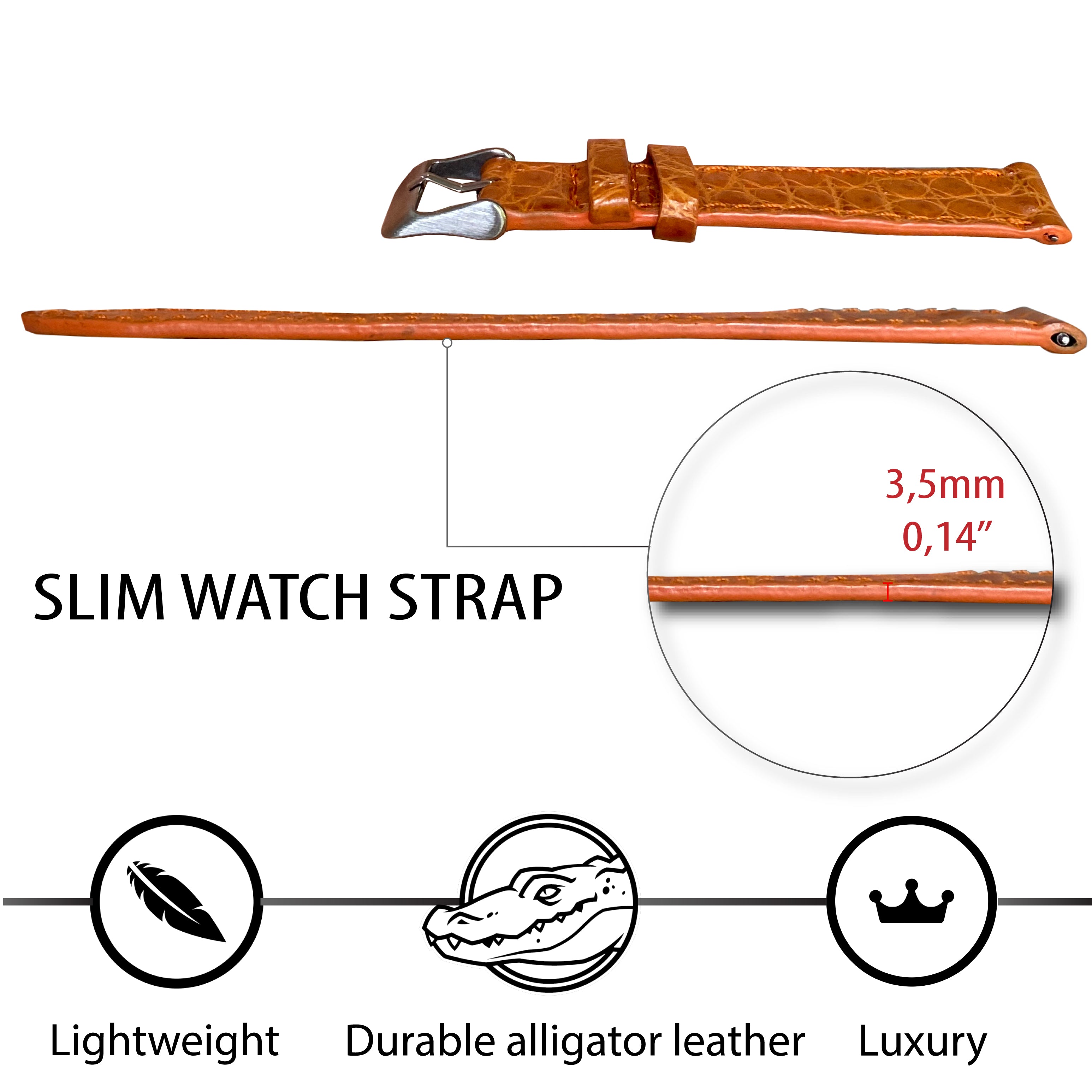 20mm Orange Carrot No-Padding Alligator Leather Watch Band | Flat Crocodile Skin Replacement Wristwatch Strap | DH-29 - Vinacreations