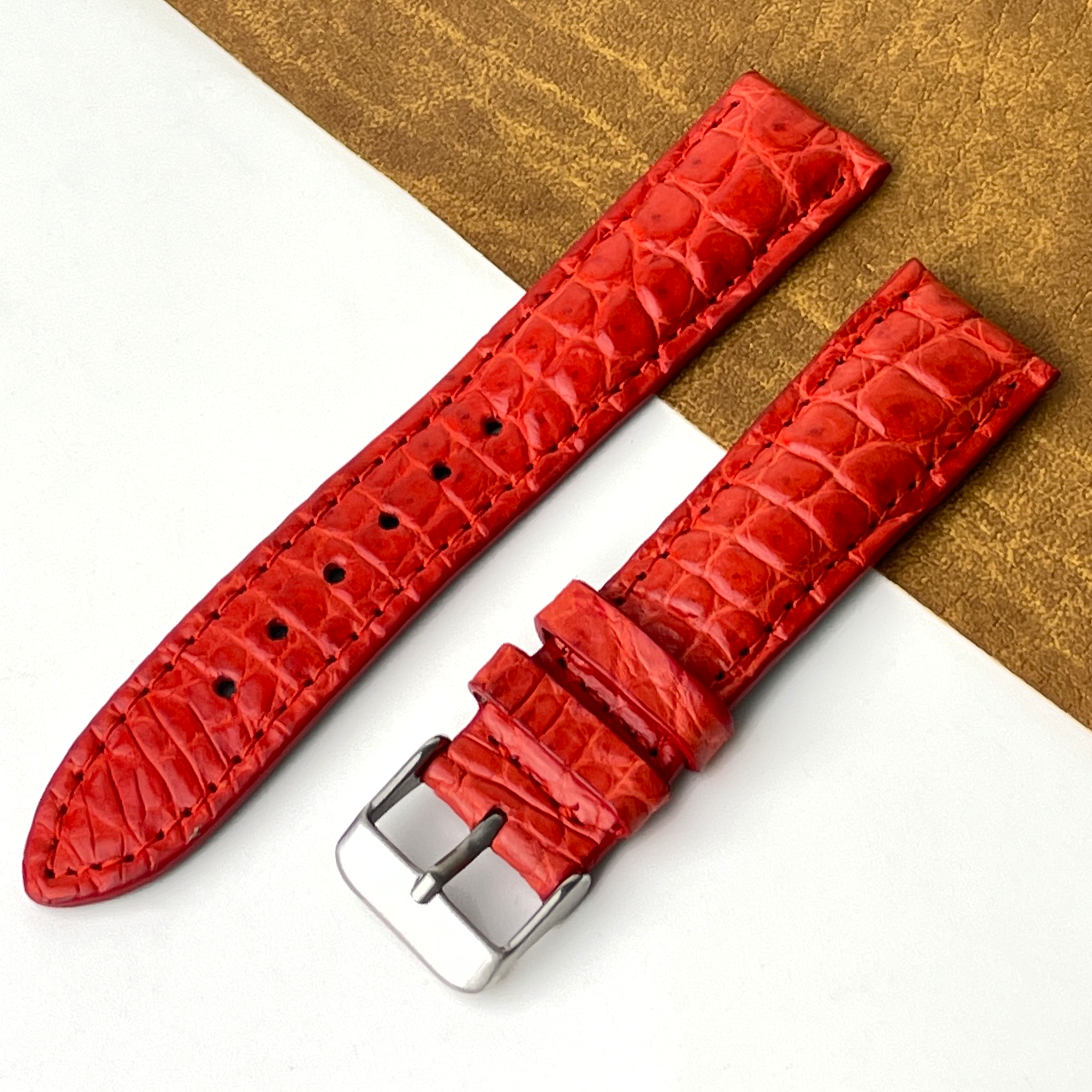 Bright Red Unique Pattern Alligator Leather Watch Band
